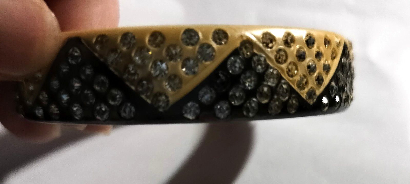 Antique Celluloid Rhinestone Bracelet -Chevron Pattern -Black & Ivory