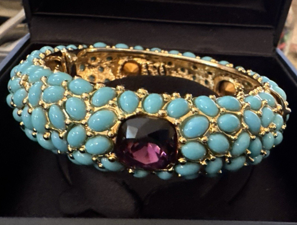 KJL Kenneth Jay Lane Gold Plated Turquoise Cabochon Hinged Bracelet 6-6.5″