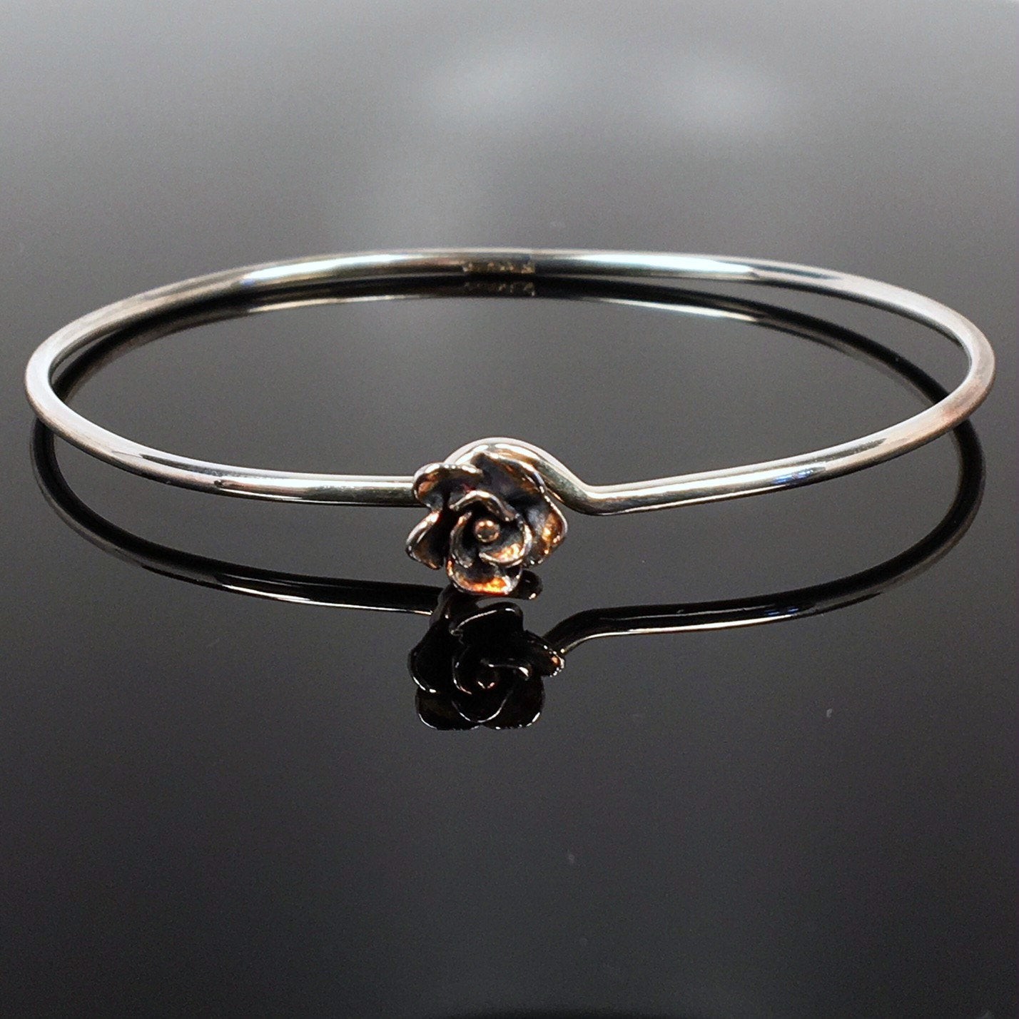 Sterling Silver Rose Bangle Charm Bracelet Flower Design Stacking Vintage NOS