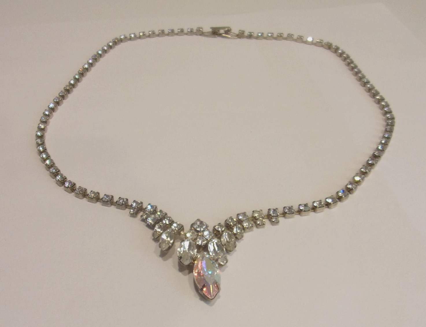 Vintage, Clear Crystal Marquis & Round, Prong Set Rhinestones, Pendant Necklace