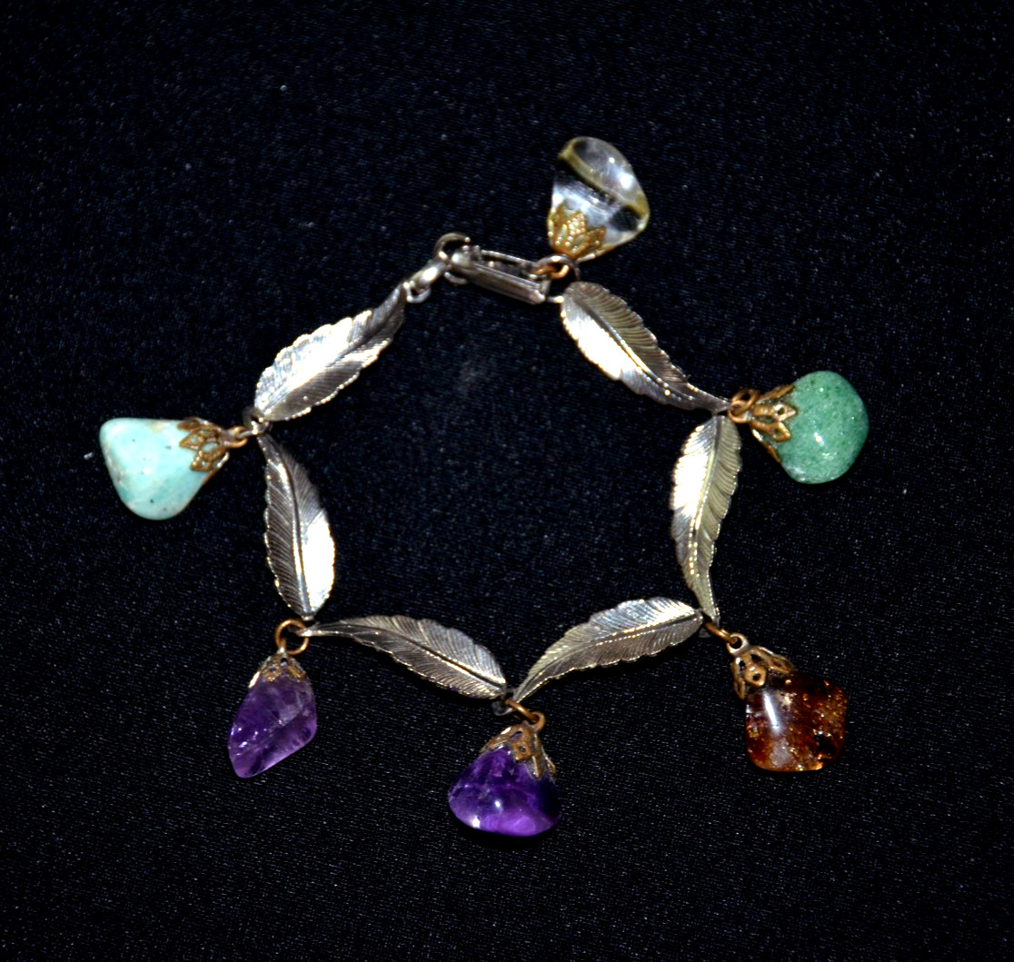 Vintage Silver Tone Feather Leaf and Assorted Gemstones Stone Bracelet 8”