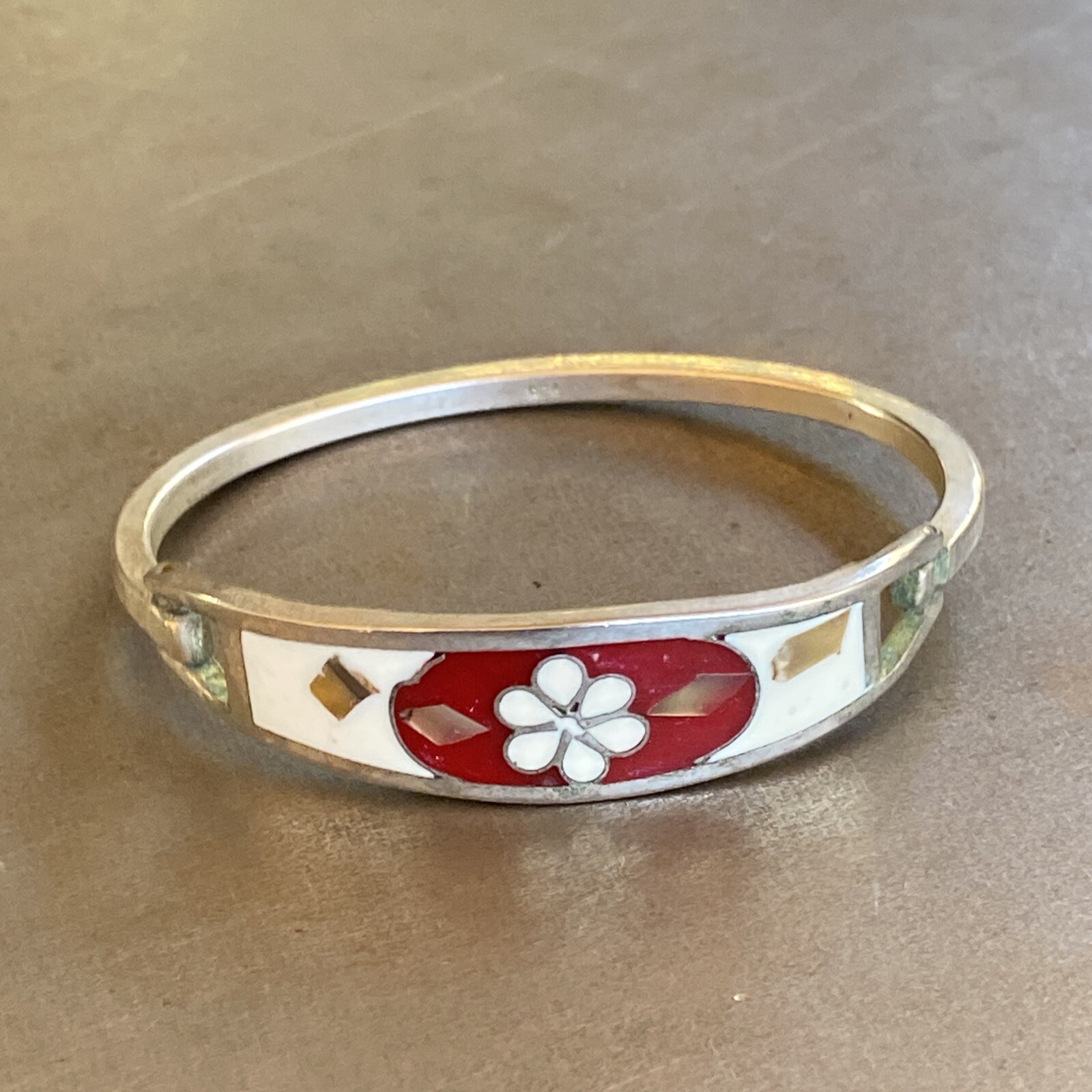 Taxco Sterling Silver Hinge Cuff 6.5” Bracelet White Red Enamel Flower Inlay