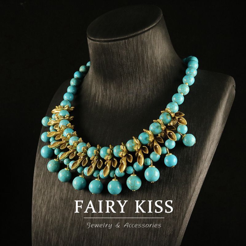 Electroplated antique gold and turquoise handmade bead necklace vintage jewelry