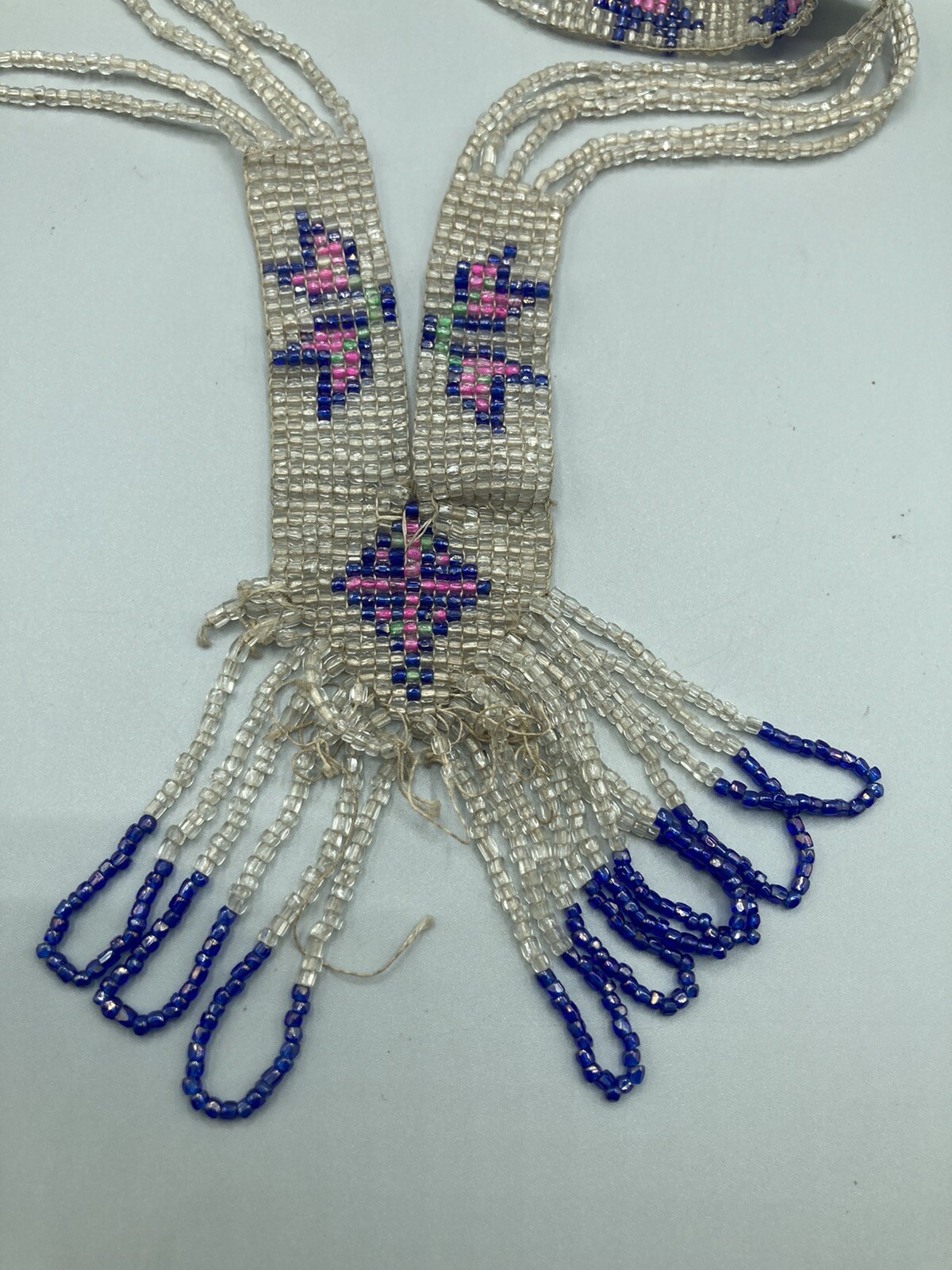 1920s Flapper Deco Sautoir Necklace, Very Good Antique Condition, Ecru/Blue/Pink