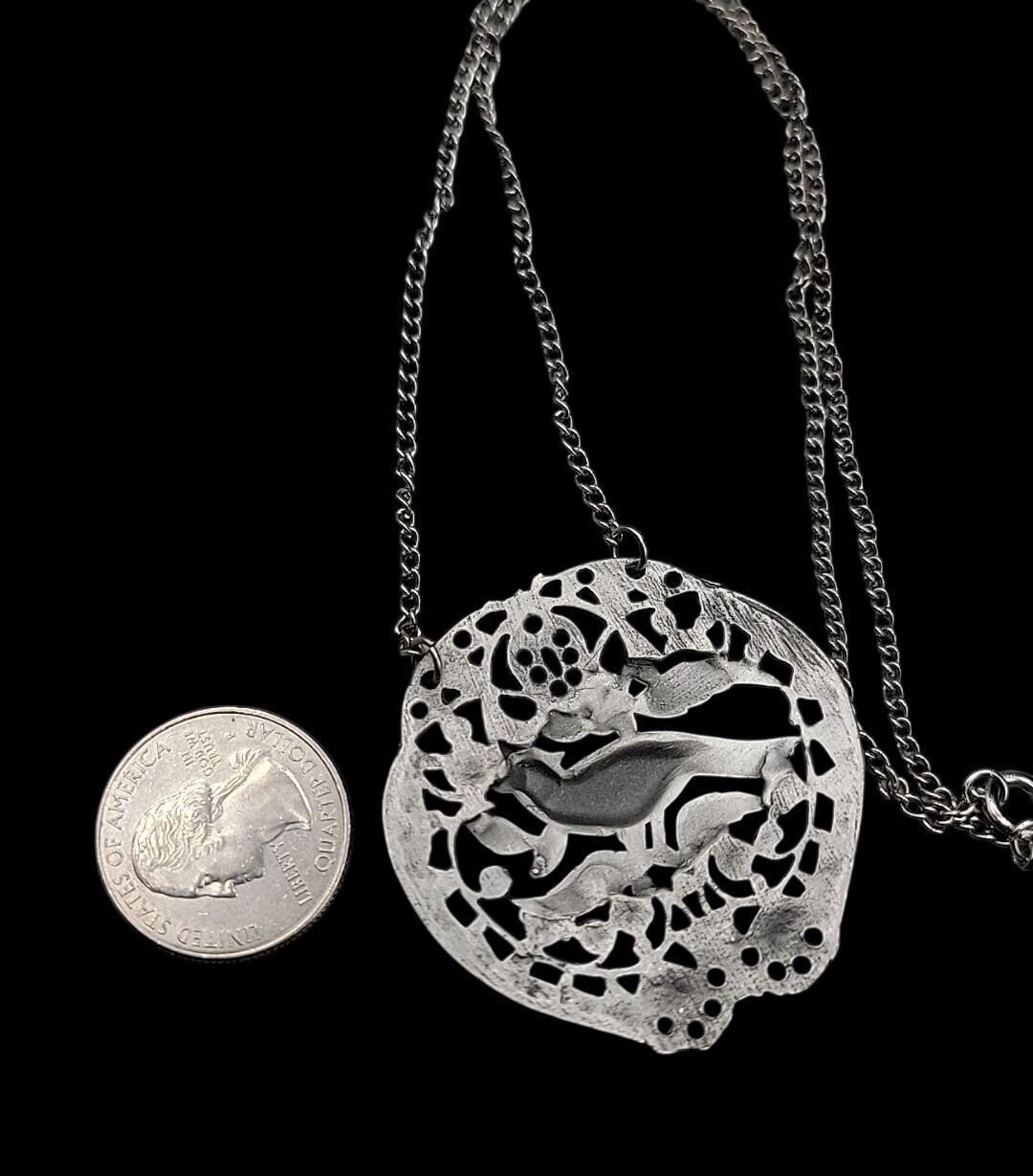 Vintage Bird Floral Pendant Silver Tone Filigree Open-Work Design 18″ Chain