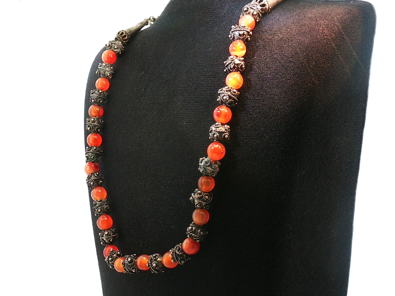 Vintage Orange Stone Bead Necklace – Ornate Metal Filigree Spacers, Boho Tribal