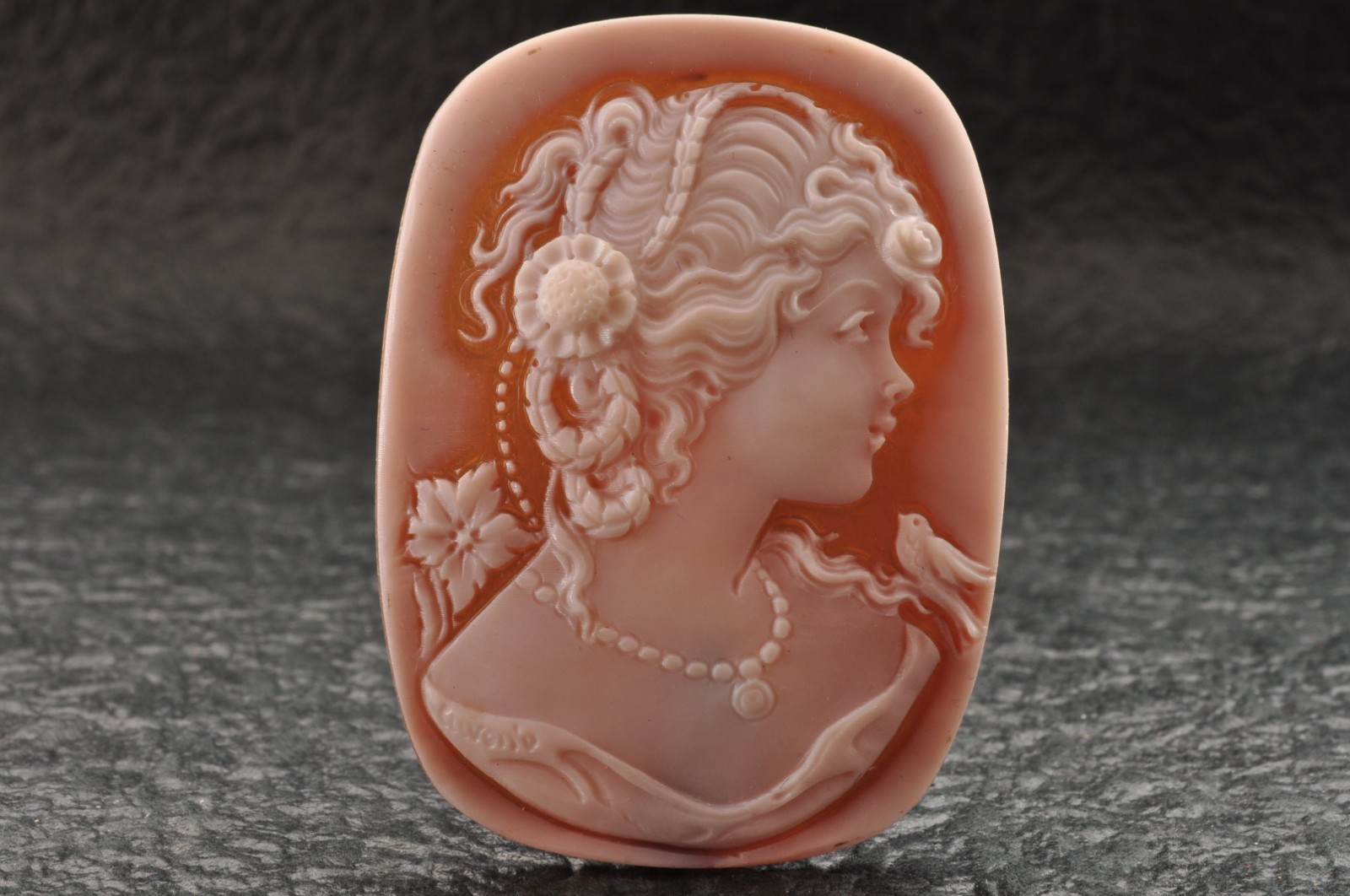 Vintage square shell cameo “Girl and little bird” (38.0ct) sign by artist, box.