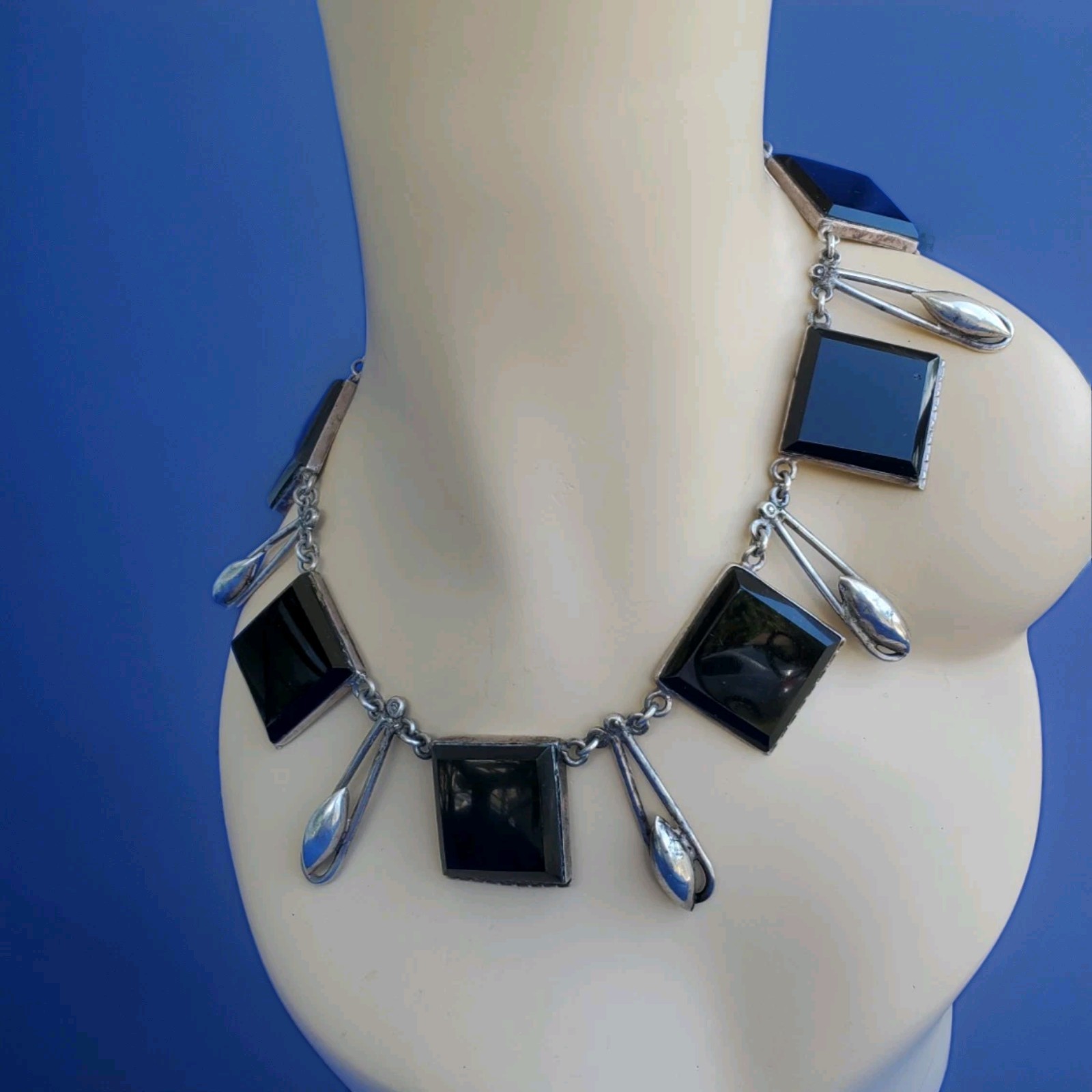 Original STERLING SILVER 925 Deco Onyx Modernist Necklace 186 Gr Vintage 18″ In