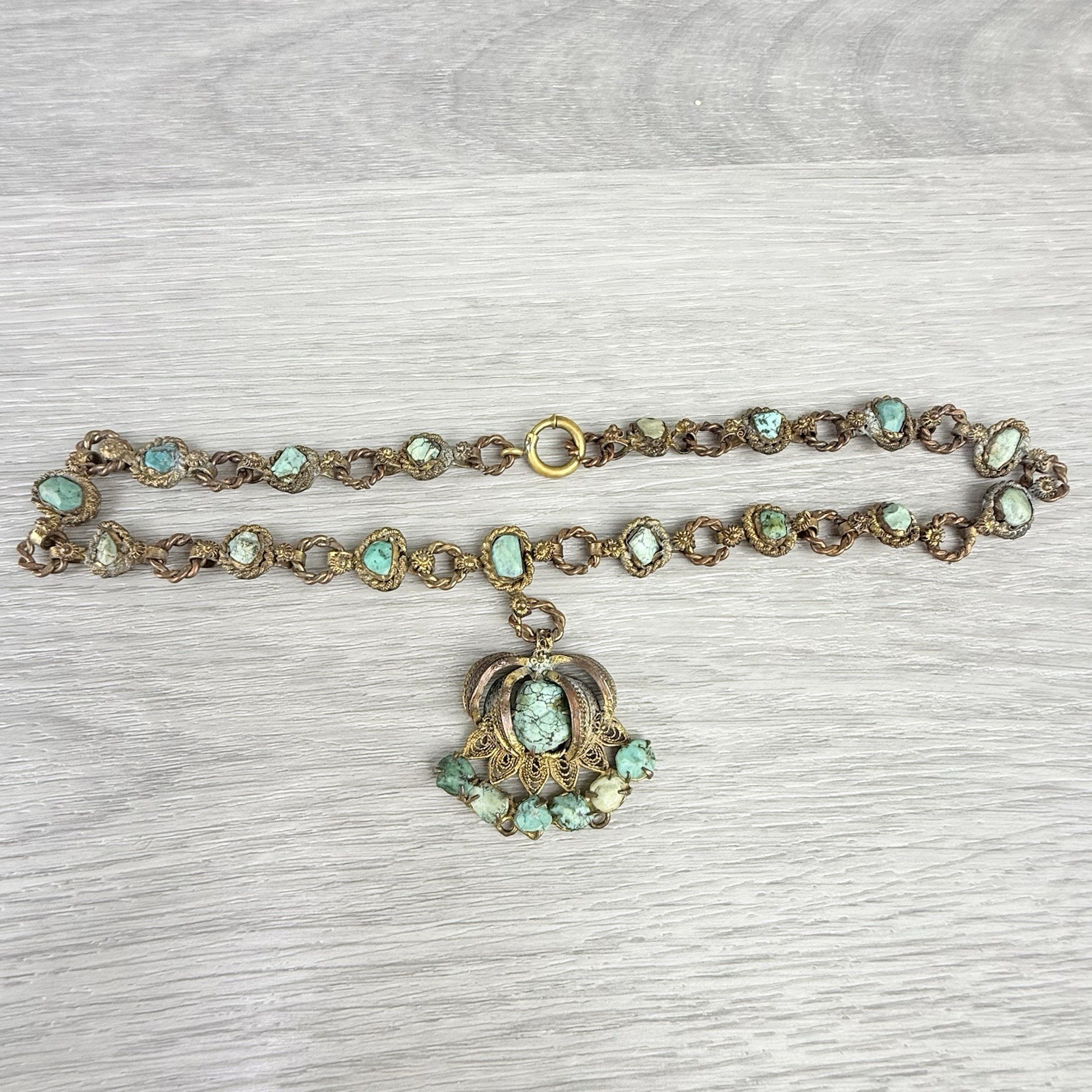 Vintage Possibly Antique Chinese Import Filigree Turquoise Pendant Necklace