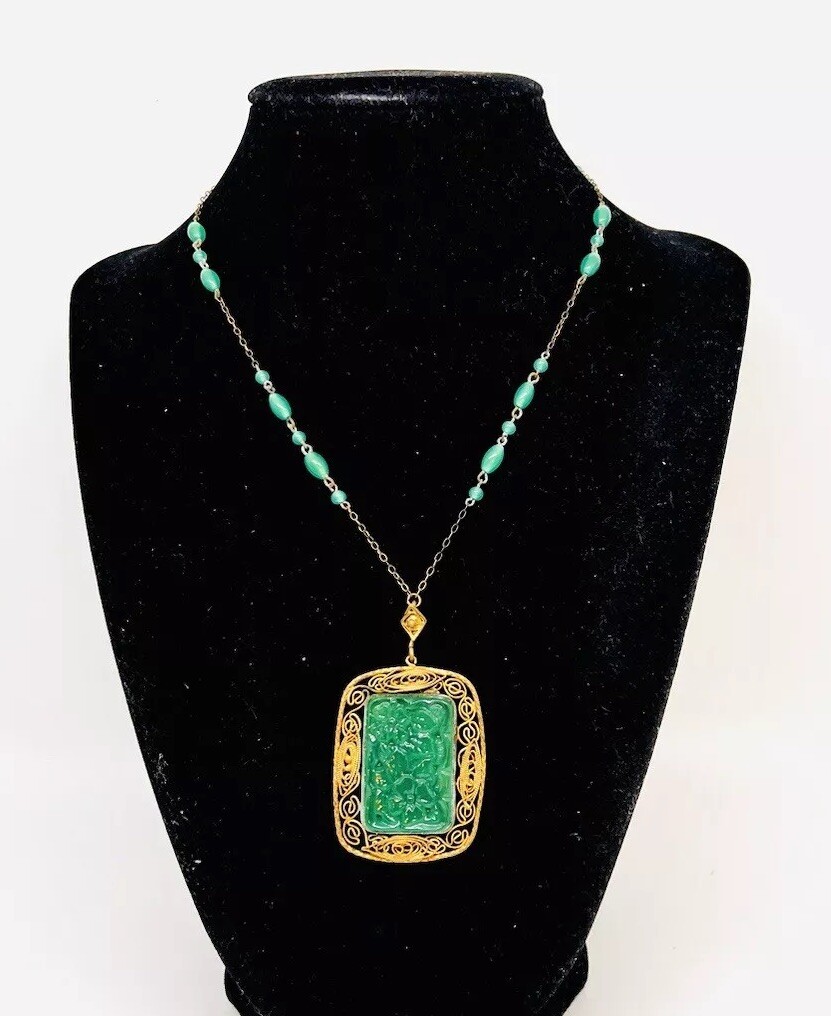 Art Deco Chinese Export Green Peking Glass Beaded Chain Necklace Vintage Jewelry
