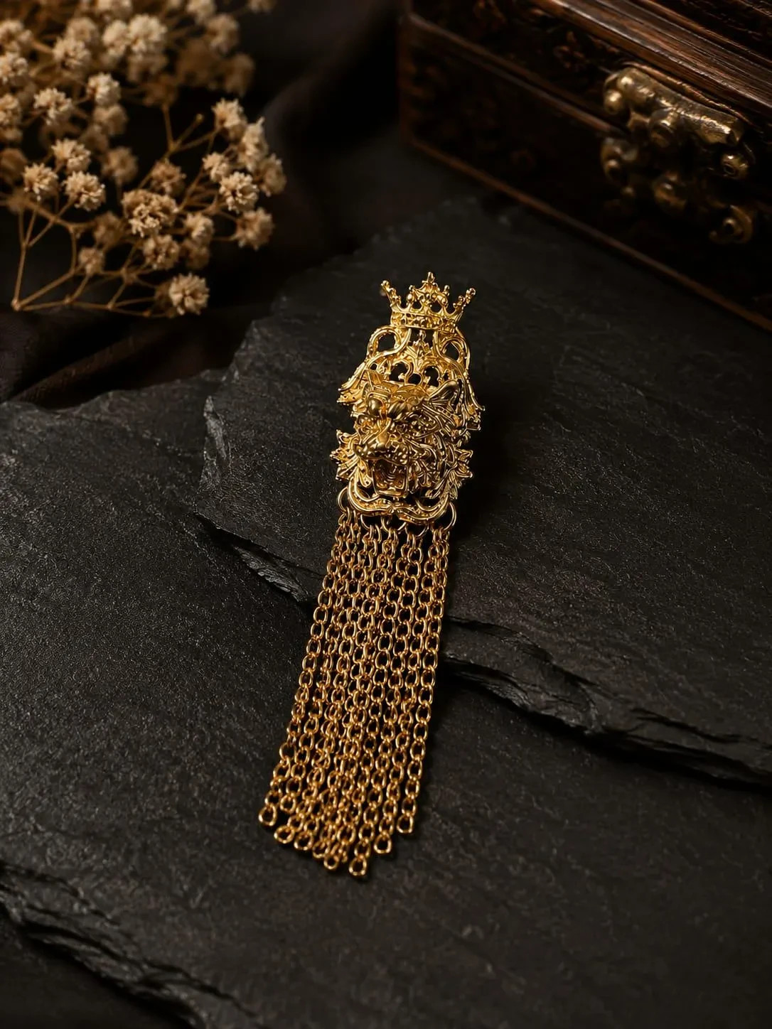 Gold Lion Head Tassel Brooch Pin | Royal Crown Lapel Pin for Men, Vintage Statem