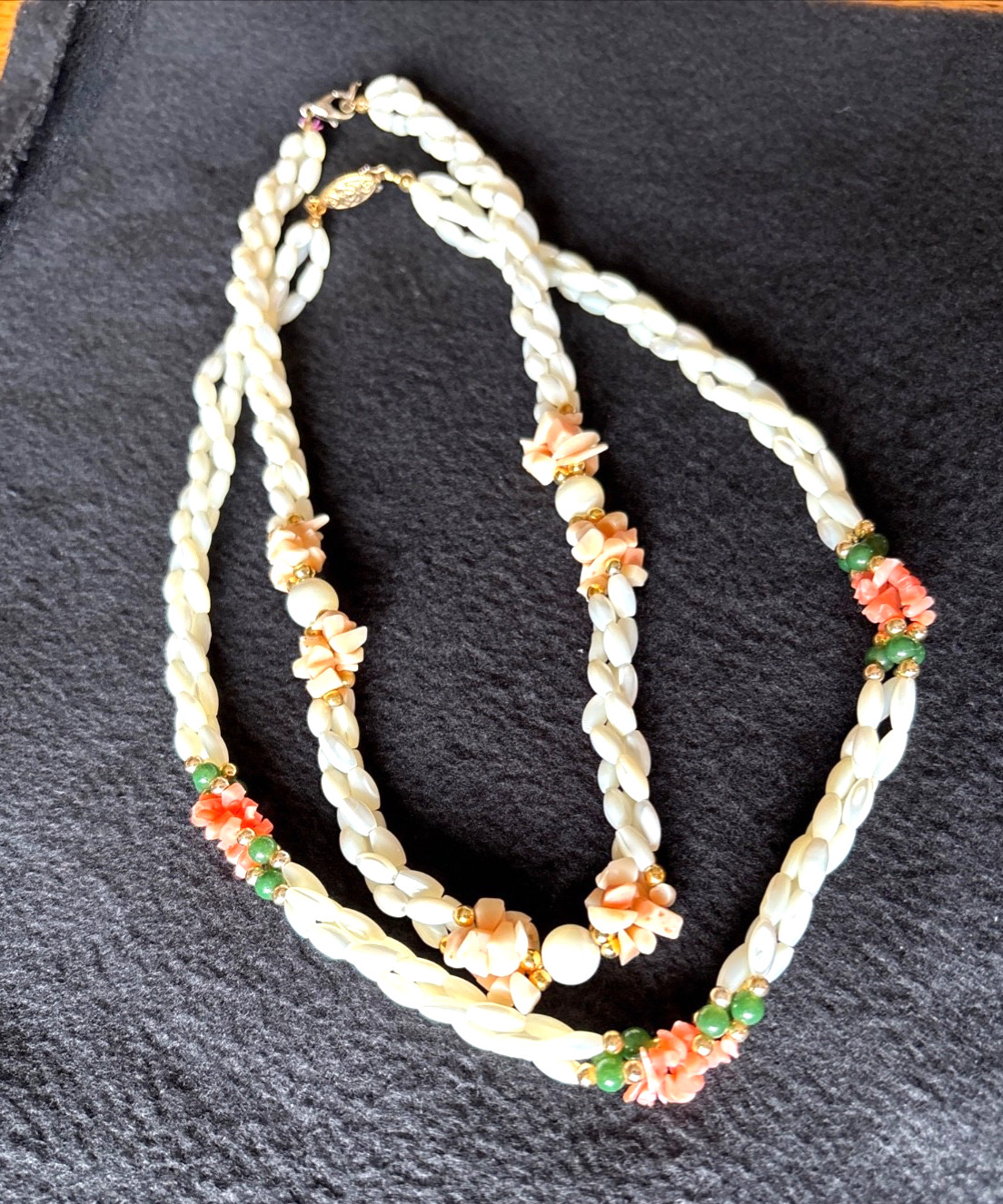 Beautiful Necklaces (2) Beaded Coral Jade & Mother of Pearl VINTAGE 18″ & 17″