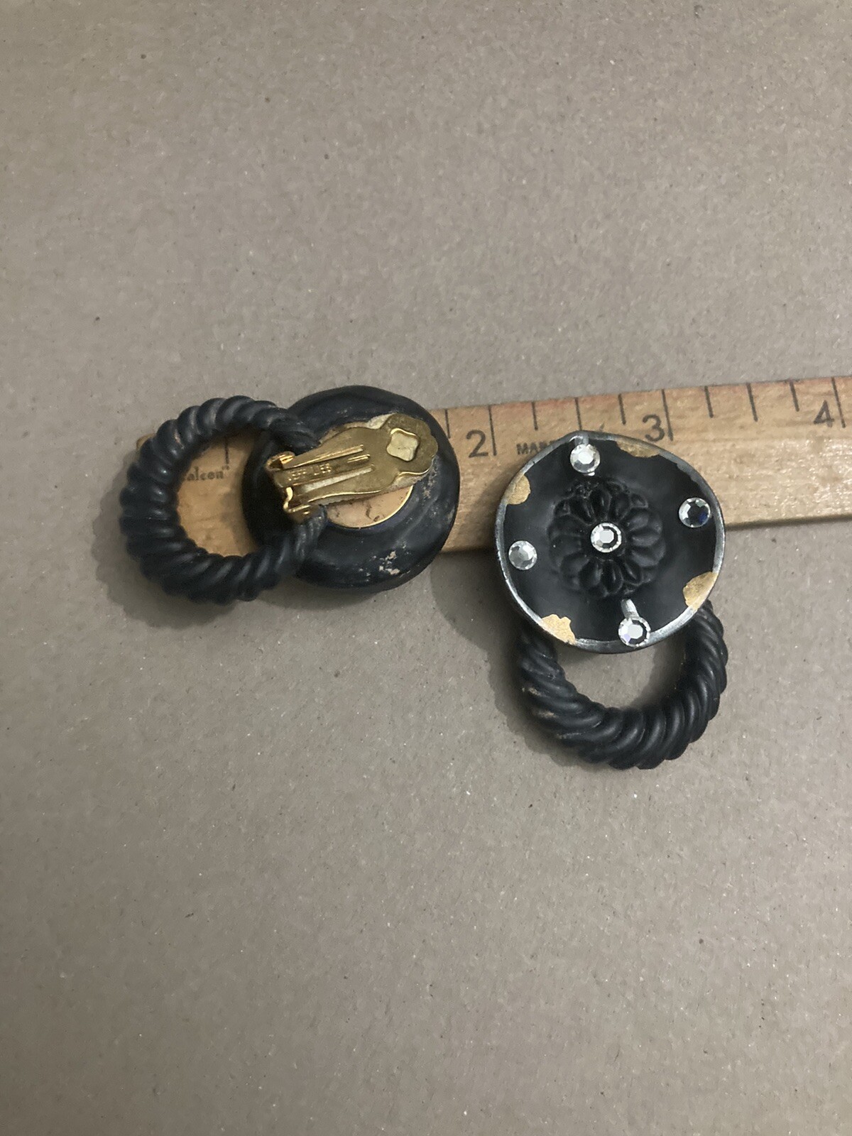 VTG Jeff Lieb Clip Earrings Black/Gold Rhinestone One Of A Kind Custom Handmade