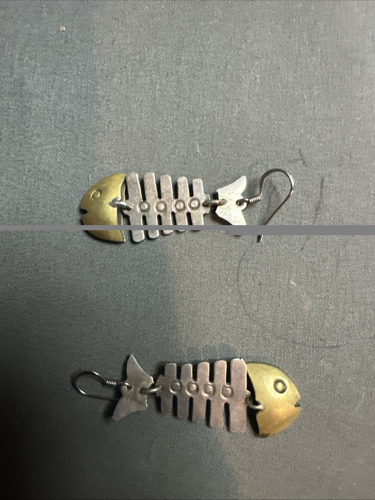 Vintage Mexico Fish Bones Skeleton Pierced Earrings /Sterling Silver Brass Head