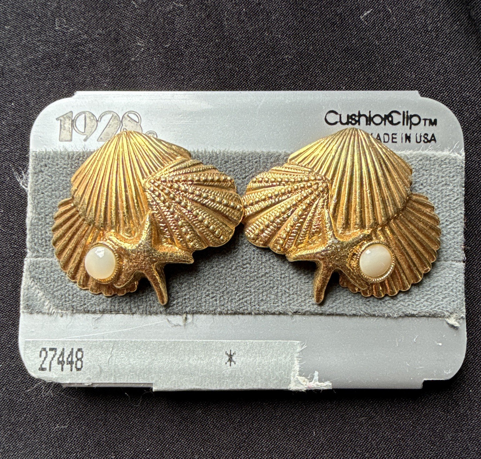 Vintage 1928 Cushion Clip-On Gold Tone Seashell / Beach Themed Earrings
