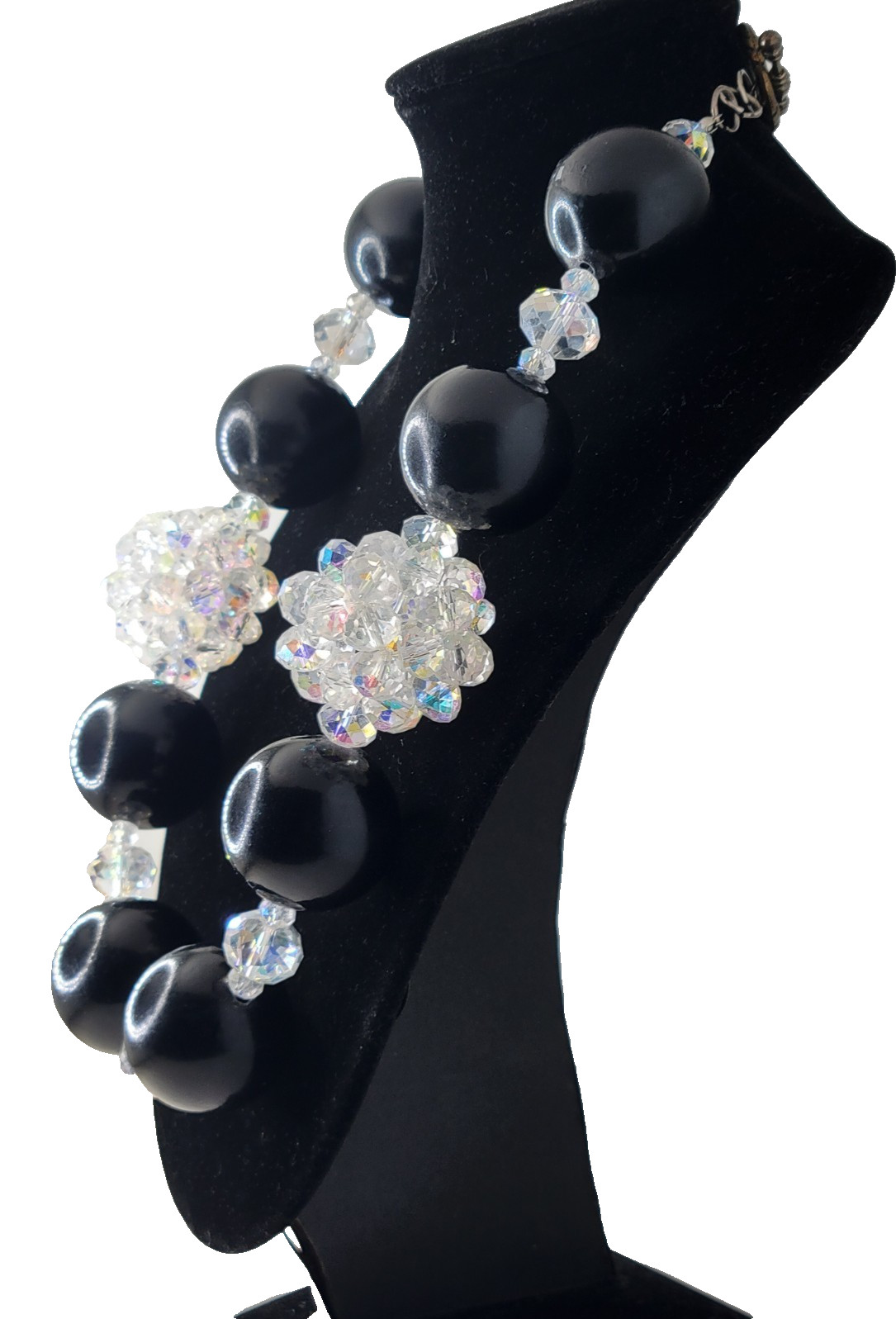VTG DaVinci Necklace Black Spheres w Iridescent Crystal Clusters STATEMENT YES!