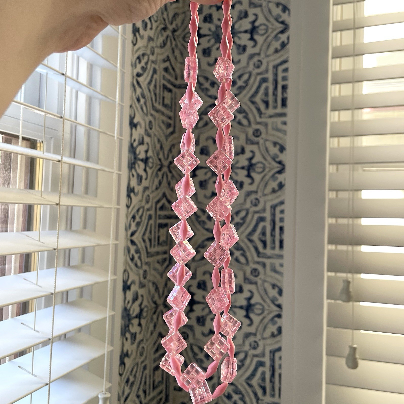 Vintage Austria pink acrylic/lucite double strand statement necklace quilted