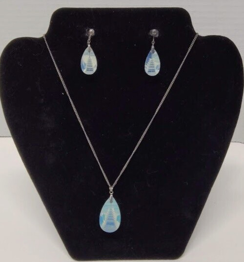 Japan Blue Intaglio Pagoda Opaline Glass Sterling Silver Pendant+Screw Earrings