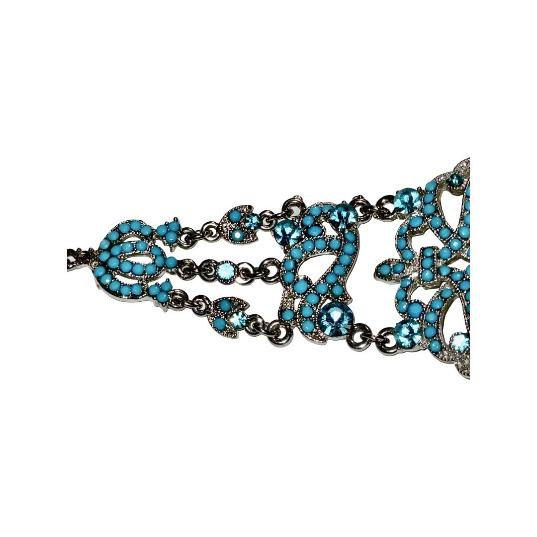 VCLM Victorian Filigree Silver Turquoise Crystal Wide Statement Bracelet