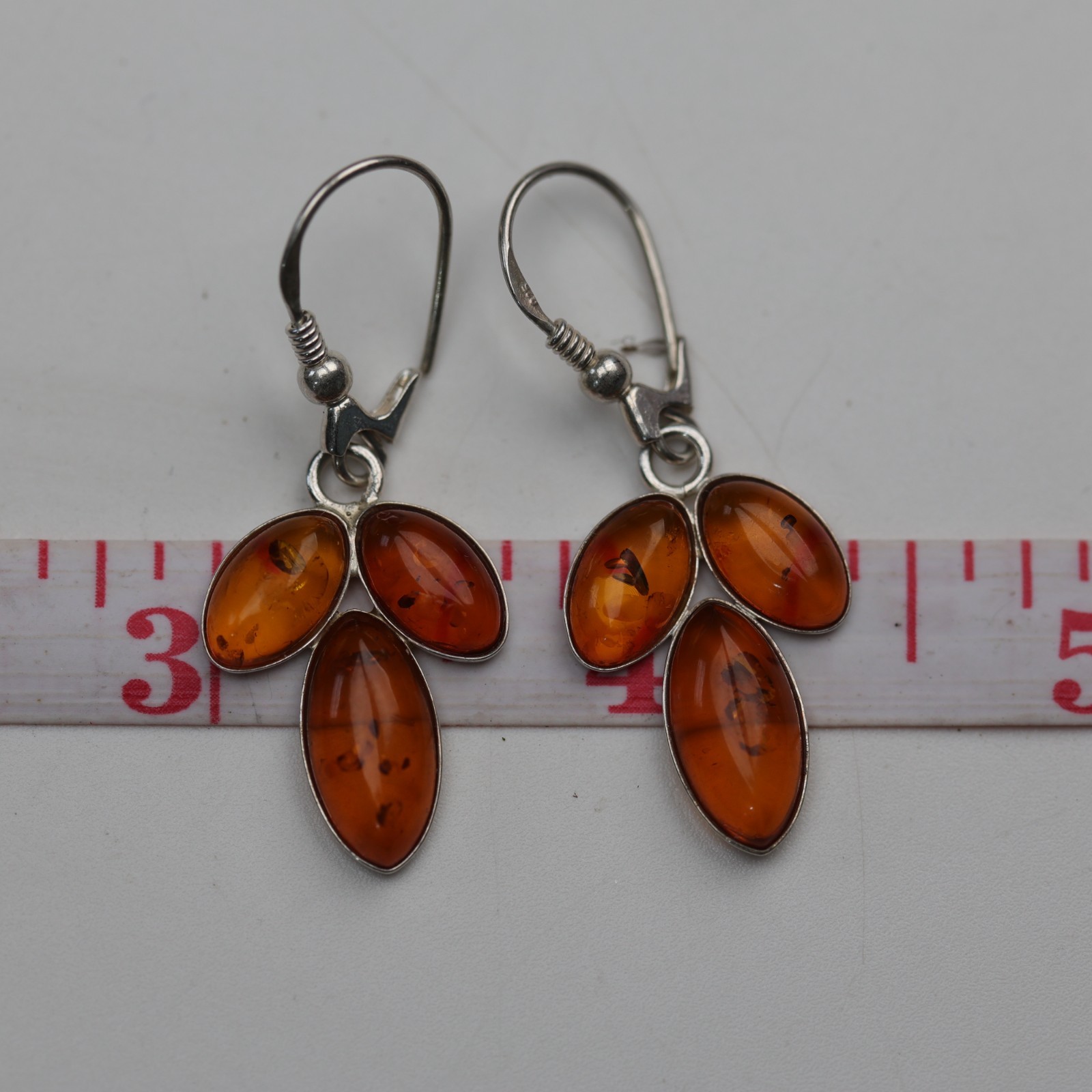 Amber Triple Tear Drops Gemstone Earrings Sterling Silver