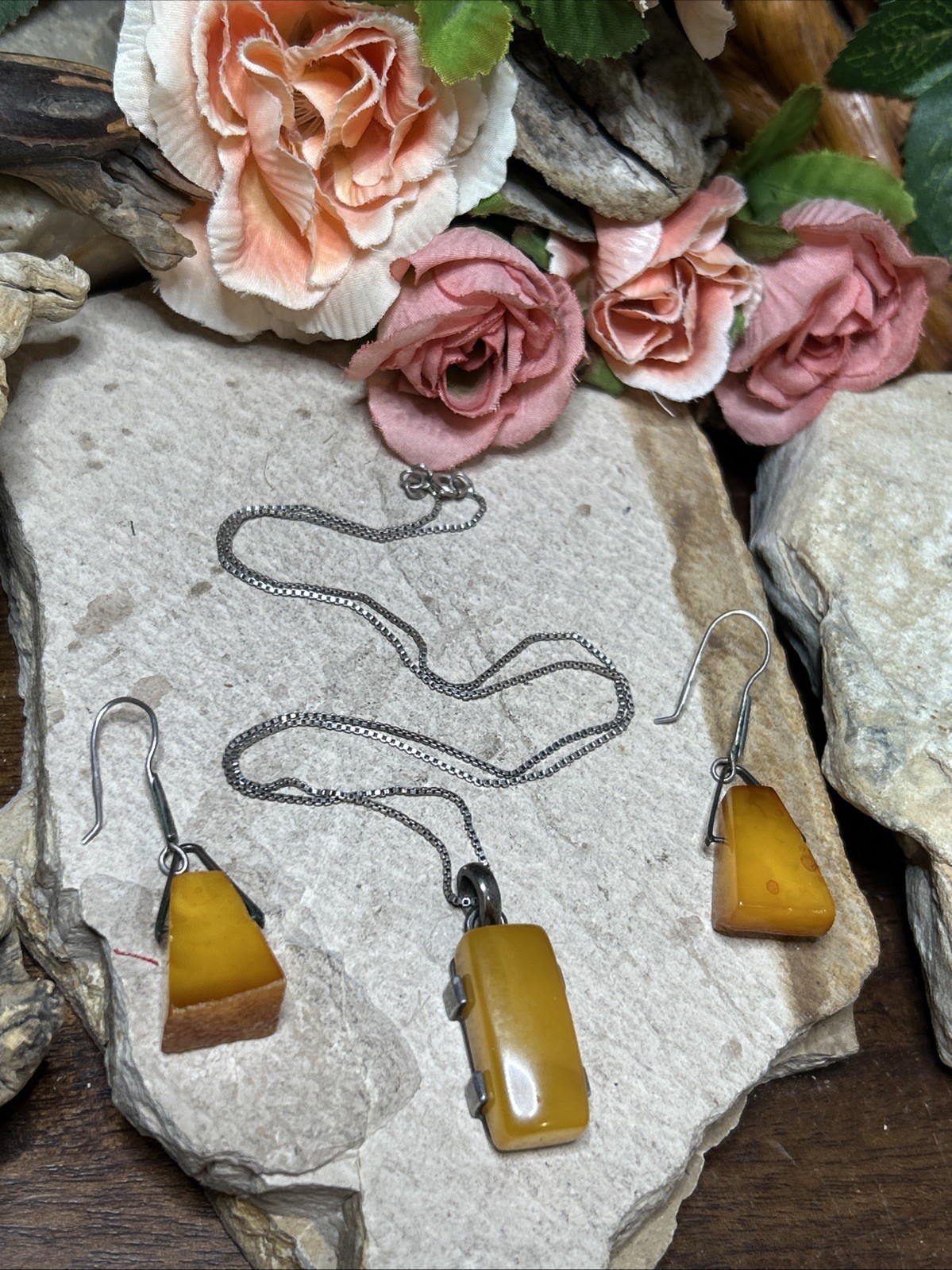 56. 925 Sterling Baltic Honey Amber Dangle Hook 2″ Earrings, 20+” Necklace Set