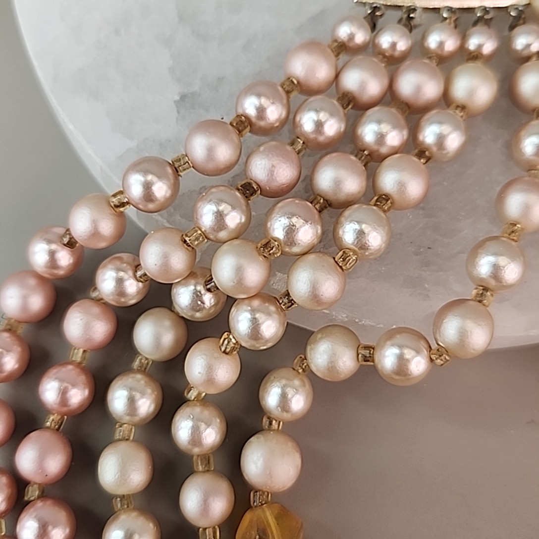 Vintage Faux Pearl Beaded Necklace Cream Pink Acrylic AB Yellow Glass Japan 16″