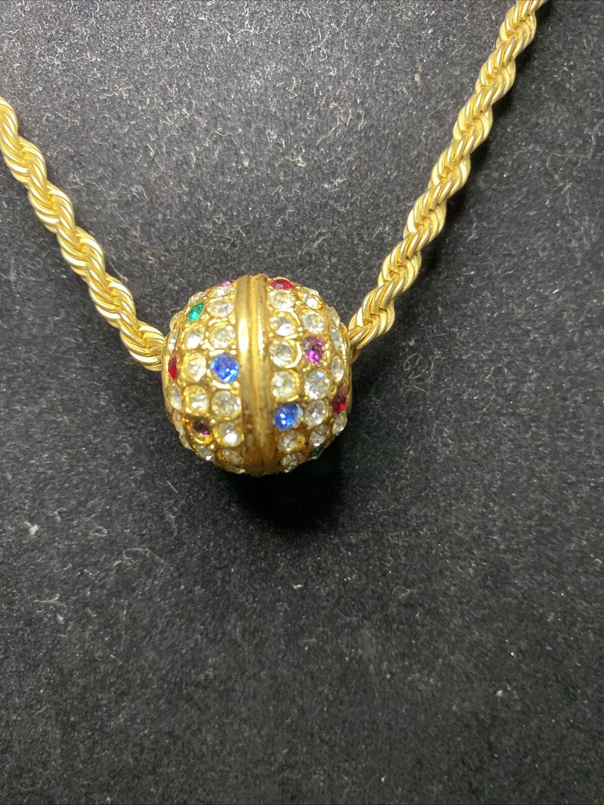 Vintage Big Gold Tone Crystal Rhinestone Ball Slide Rope Chain Necklace 28”