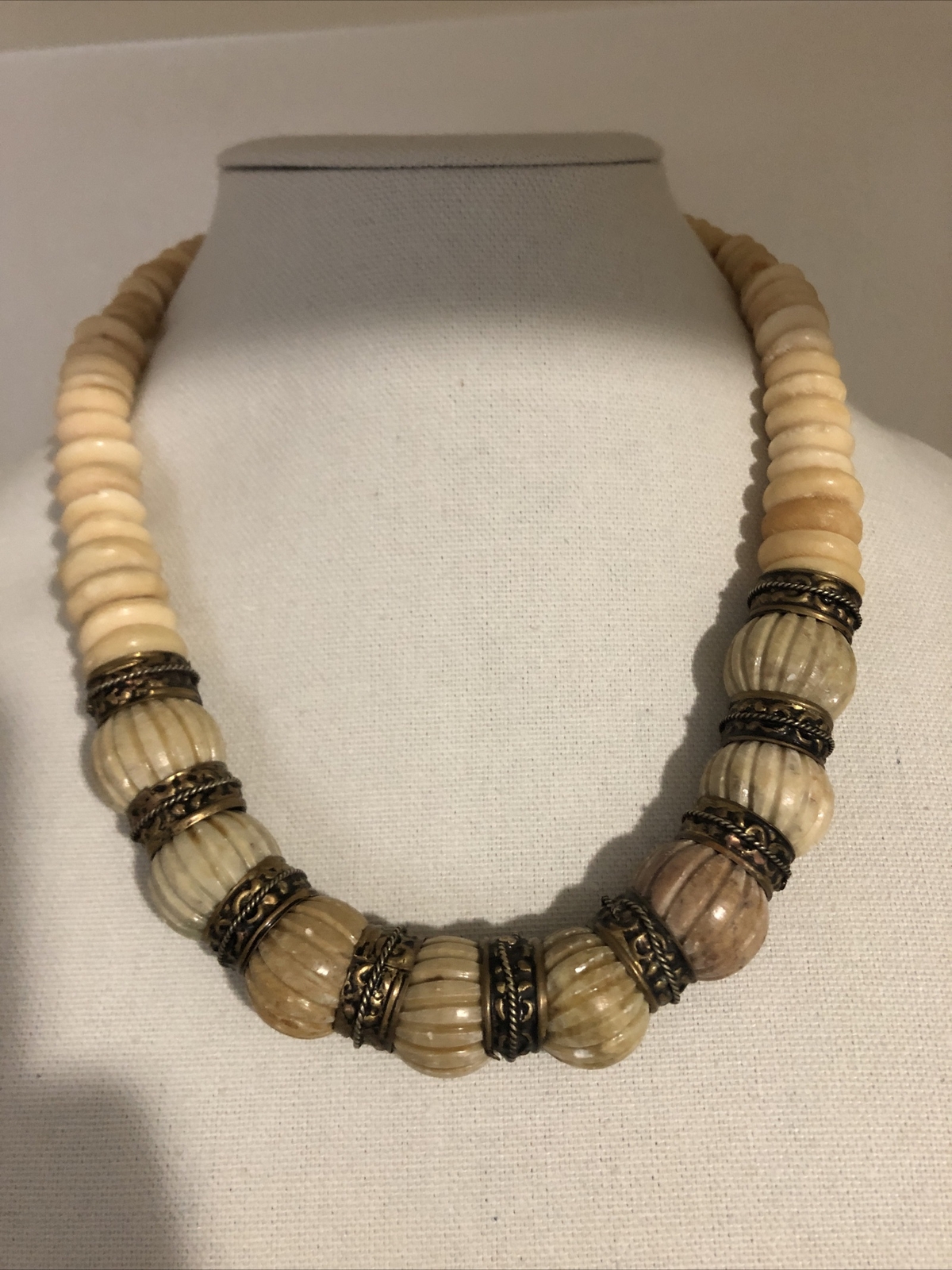 Vintage Tribal Bone And Stone Gold Tone Necklace Retired. See Description!