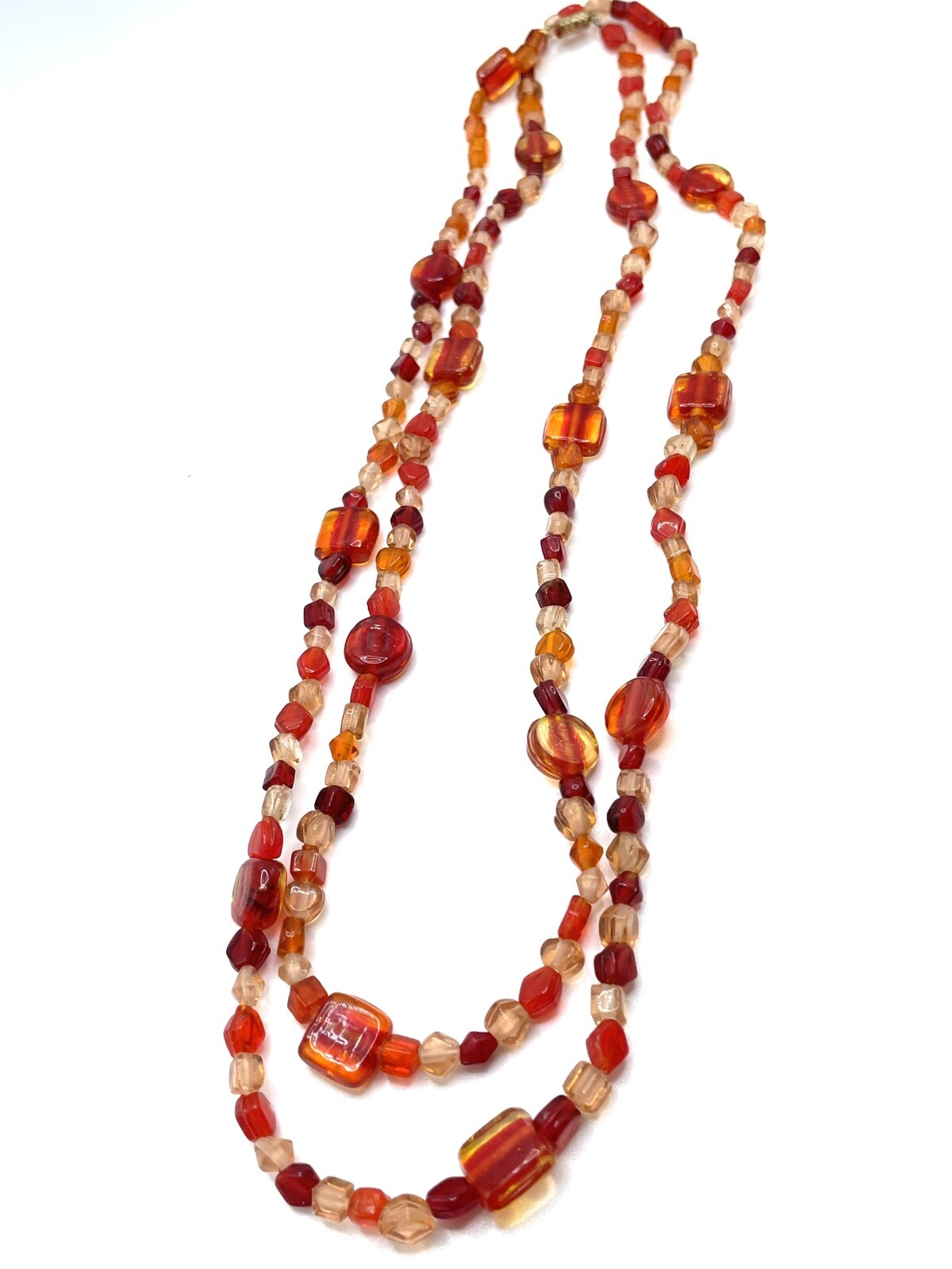 Antique Art Deco Red Orange Fire Glass Beaded Flapper Necklace 44″