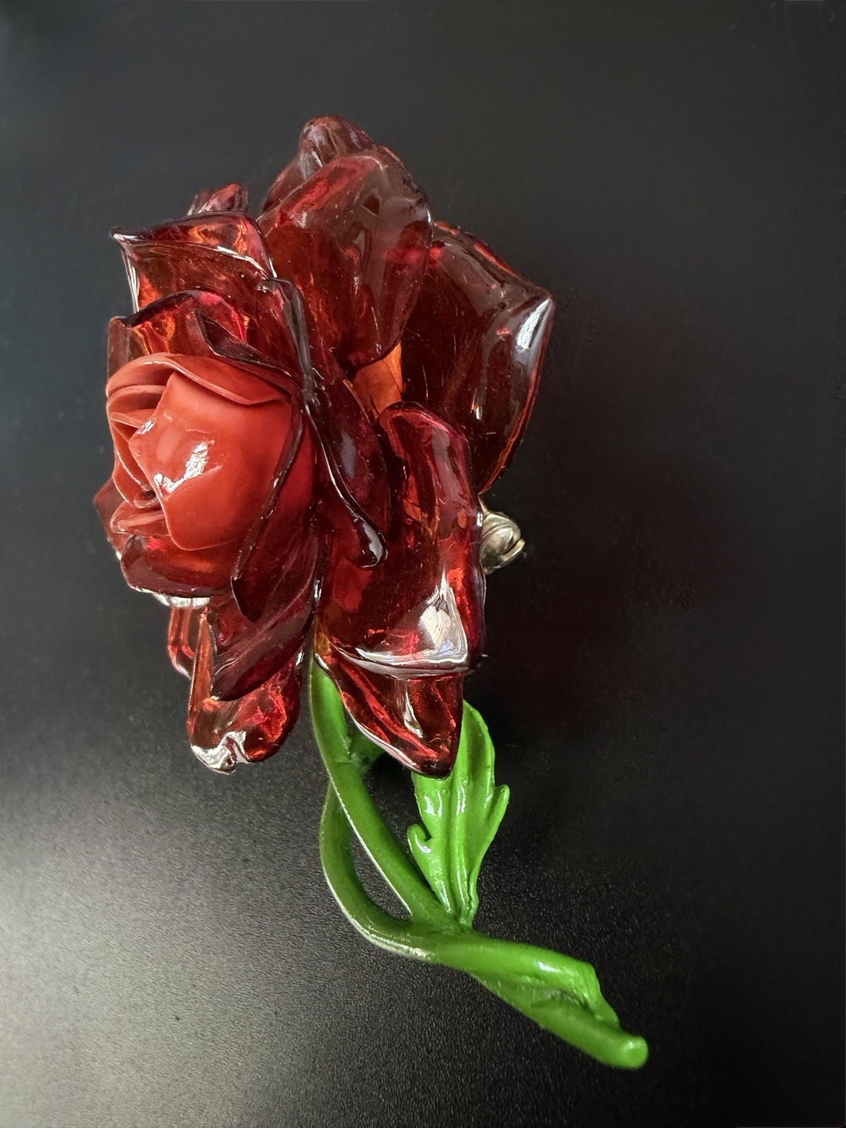 Vtg Coral Cellulose Acetate Rose Flower Brooch Enamel Green Stem 3D Translucent