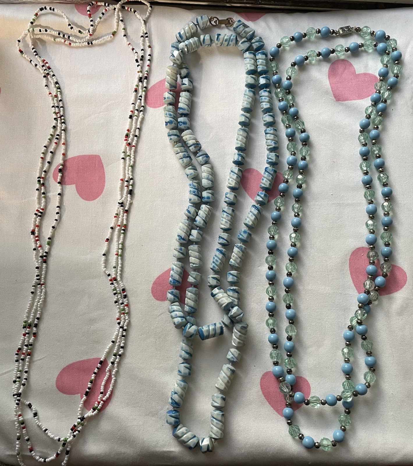 Lot Of 11 Vintage Beaded Necklaces Mixed Materials, Blue Red Black White