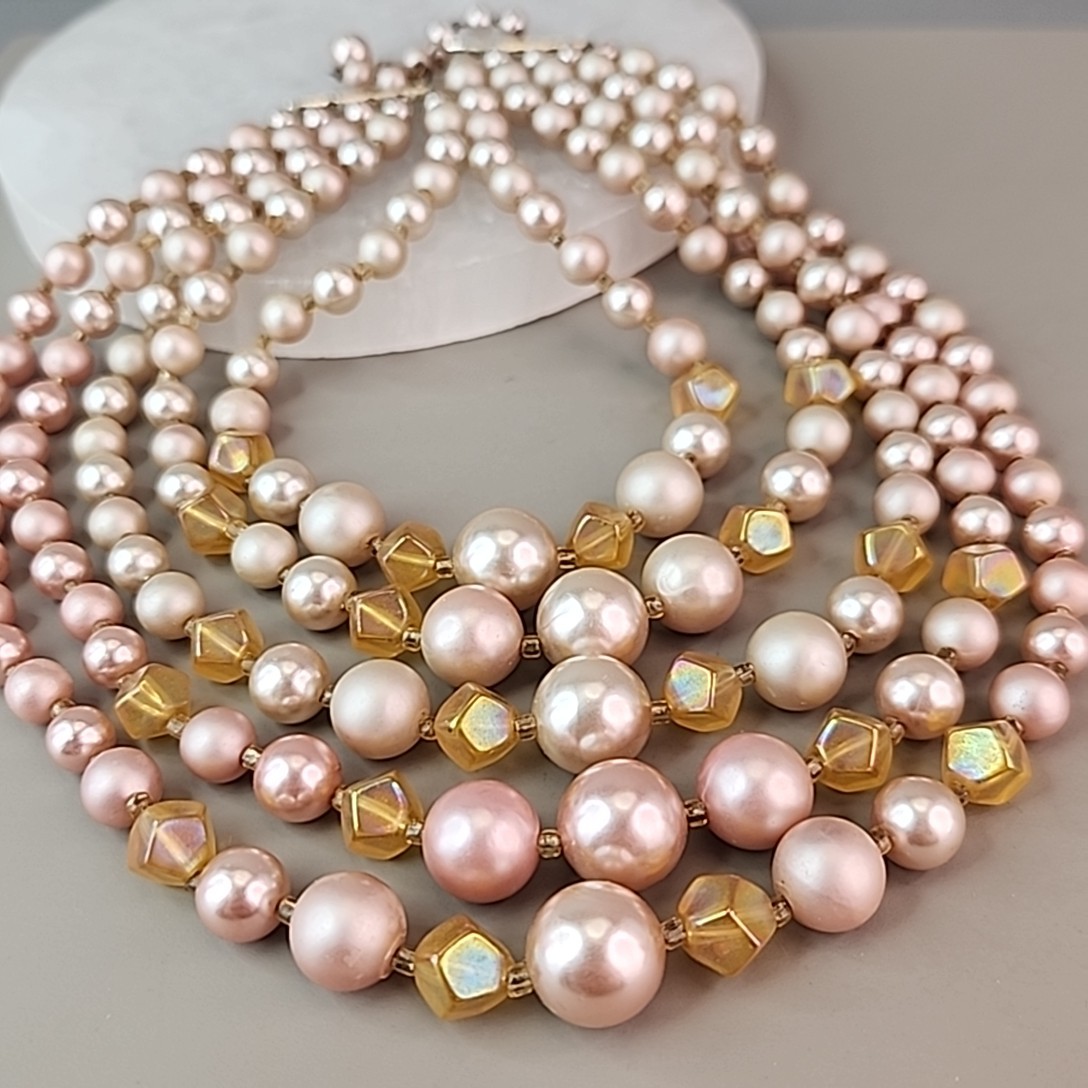 Vintage Faux Pearl Beaded Necklace Cream Pink Acrylic AB Yellow Glass Japan 16″