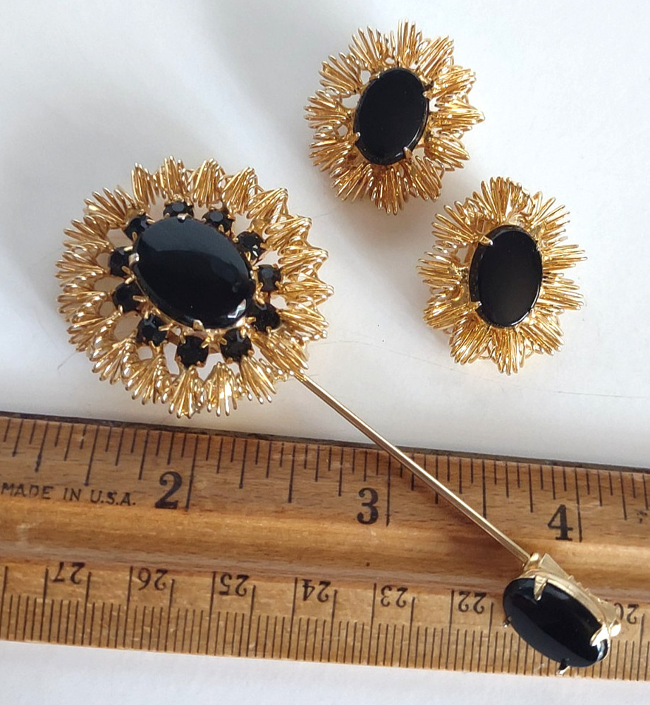 RARE Unsigned Jonne House Of Schrager? Cabochon Lapel Pin Hatpin & Earrings Set