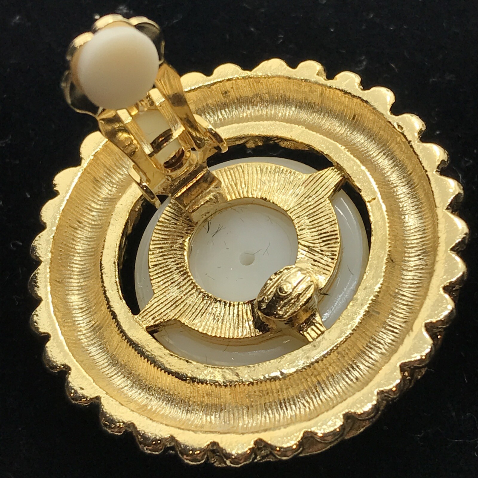 Vintage Adrianne Gold Tone Large Textured Edge Faux Pearl Clip-on Earrings