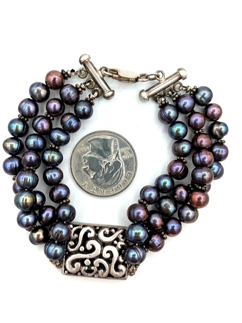 Vintage Peacock Pearl Bracelet Sterling Silver 925 3 Strand Freshwater Pearl