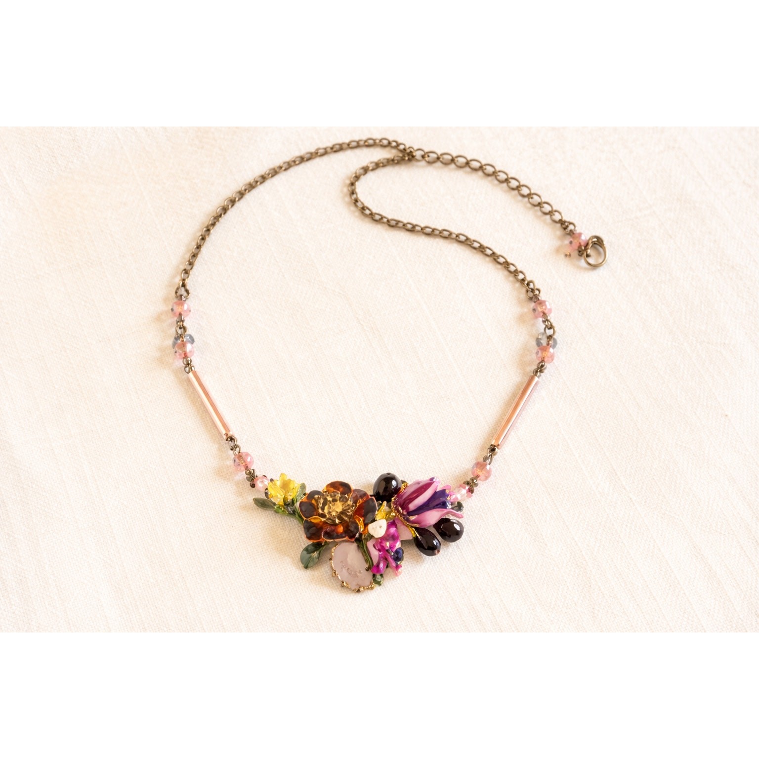 Les Nereides Paris Enamel Floral Necklace Hand Painted French Designer 19″