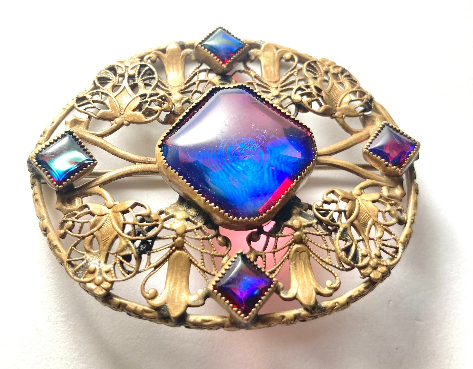 Large Antique Czech Art Deco Red Blue Dragons Breath Art Glass Brass Brooch Pin