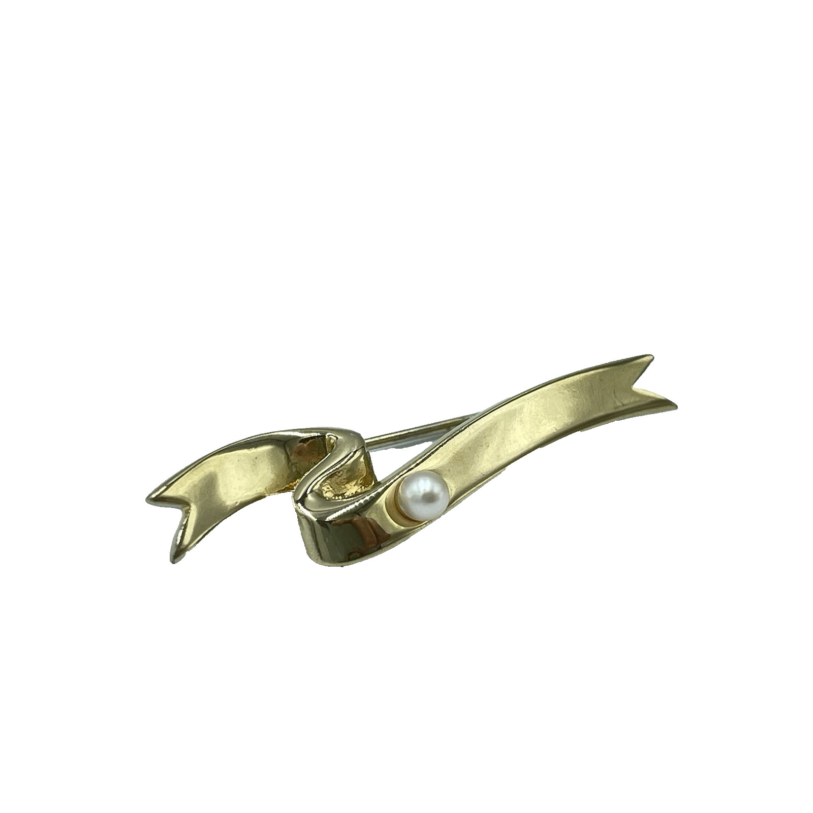 1984 Avon Gold Tone Ribbon Brooch with One Pearl