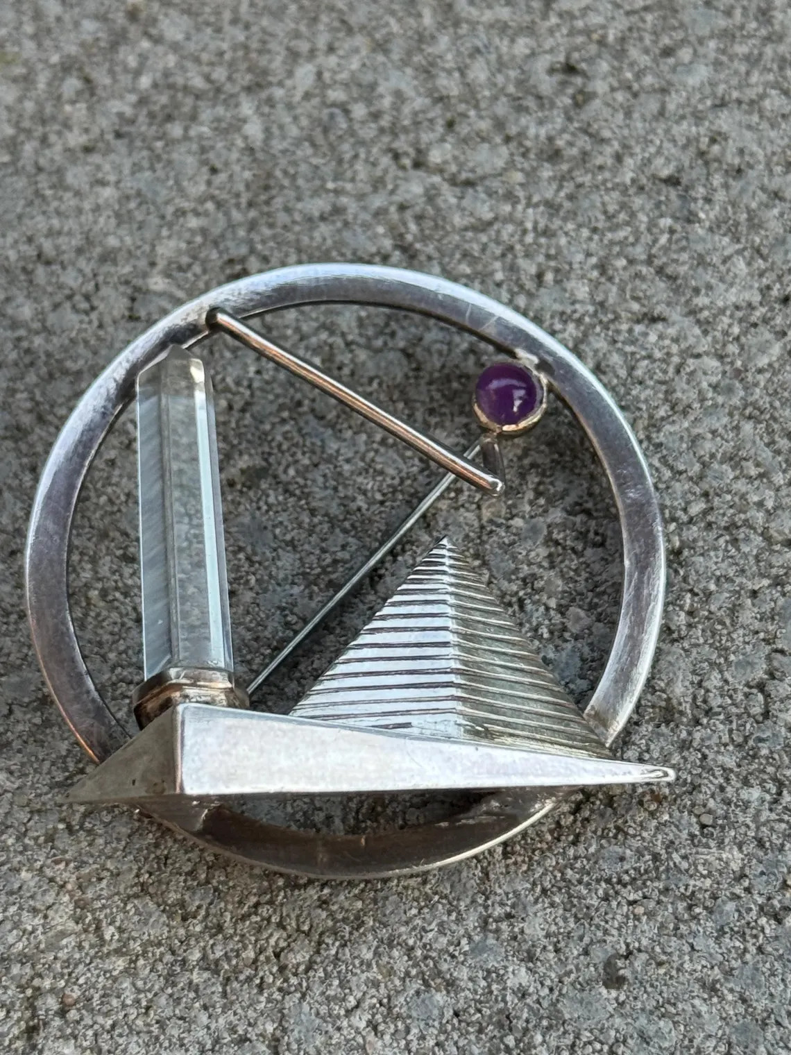 Artisan vintage brooch 925 sterling silver Bergkristall Amethyst