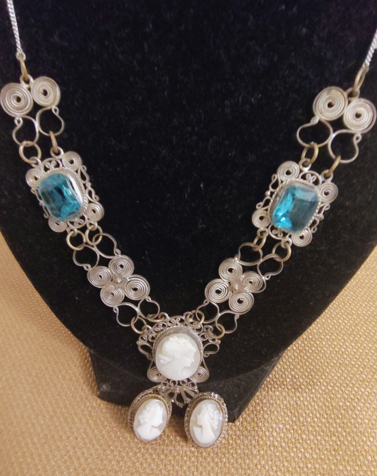 Vintage Cameo Blue Glass Silver Necklace 22″ and Italian earrings marked GM