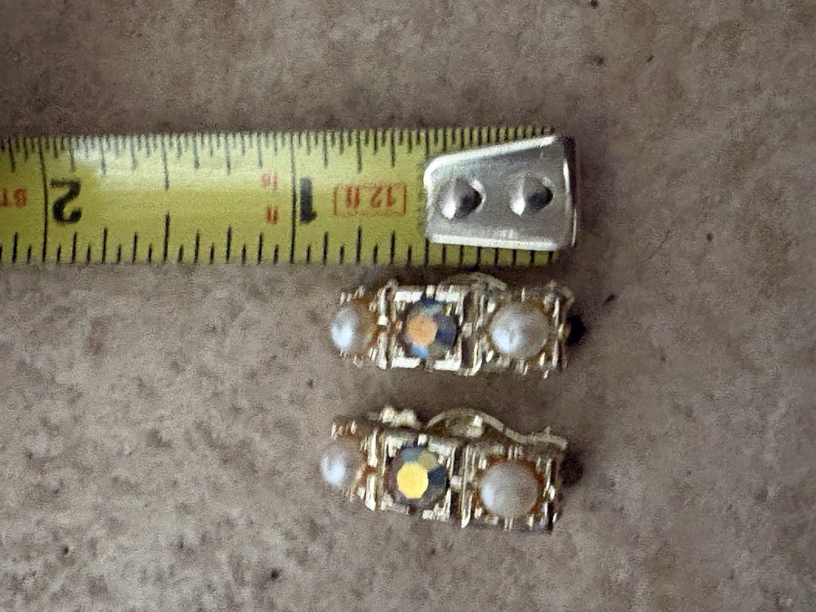 Vintage Aurora Borealis & Faux Pearl Set In Gold-Tone Squares 17” Clip Earrings