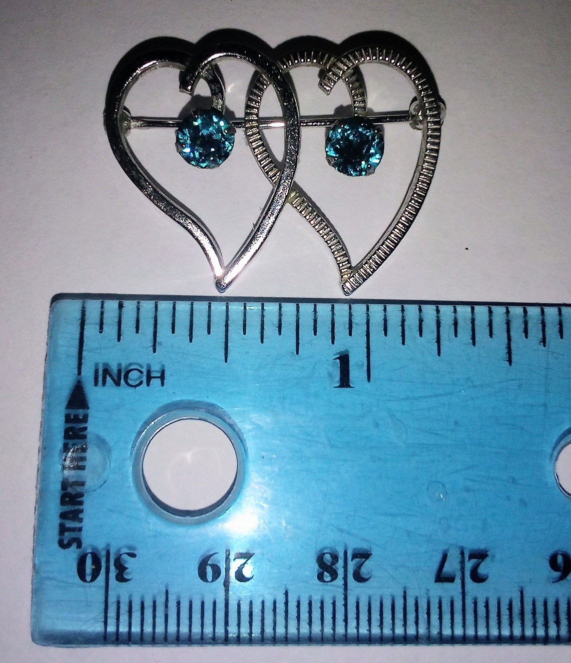 Vintage Van Dell Signed Sterling Silver Double Heart Brooch December Blue Zircon