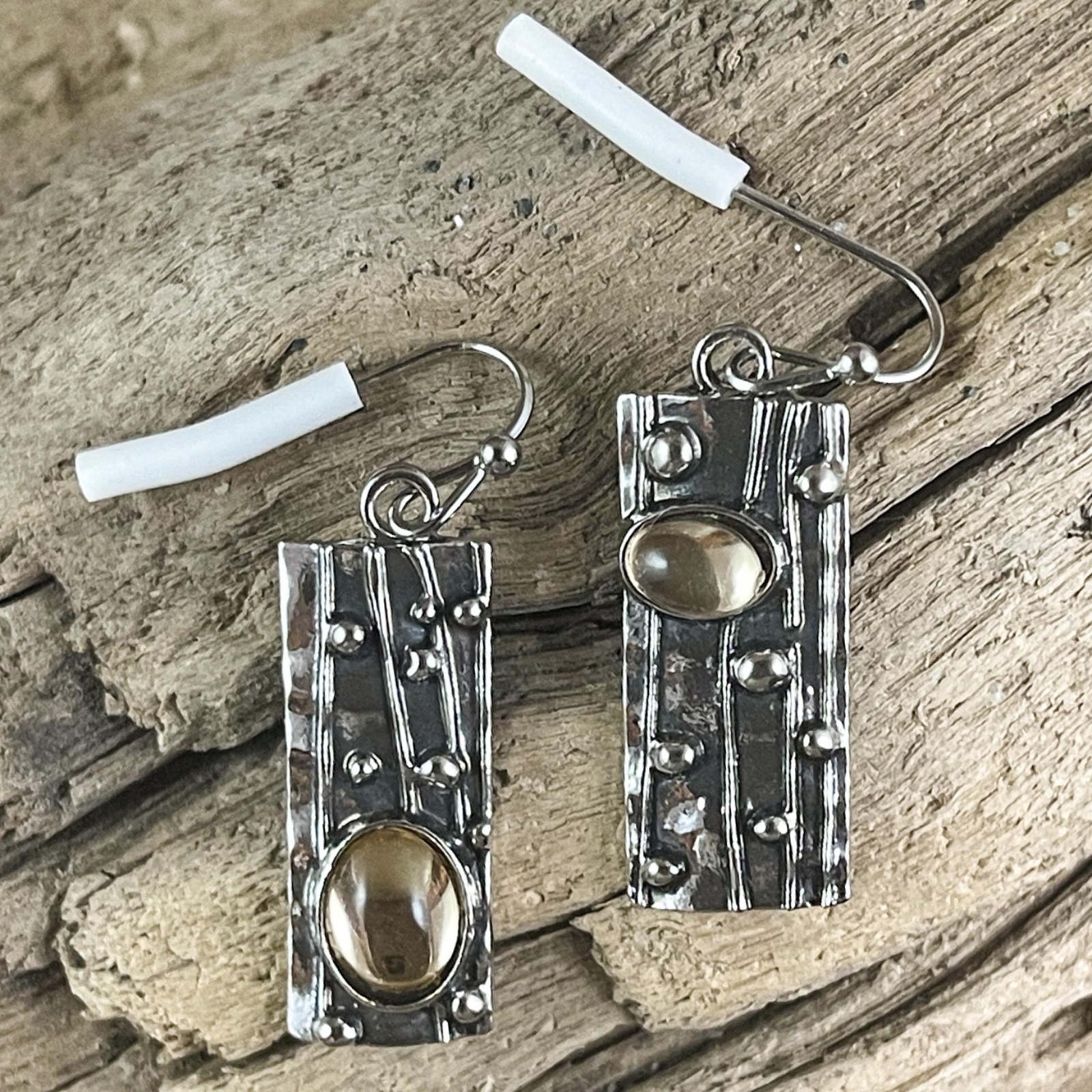 Vintage Goldtone Stone Rectangular Hook Earrings 1.75”