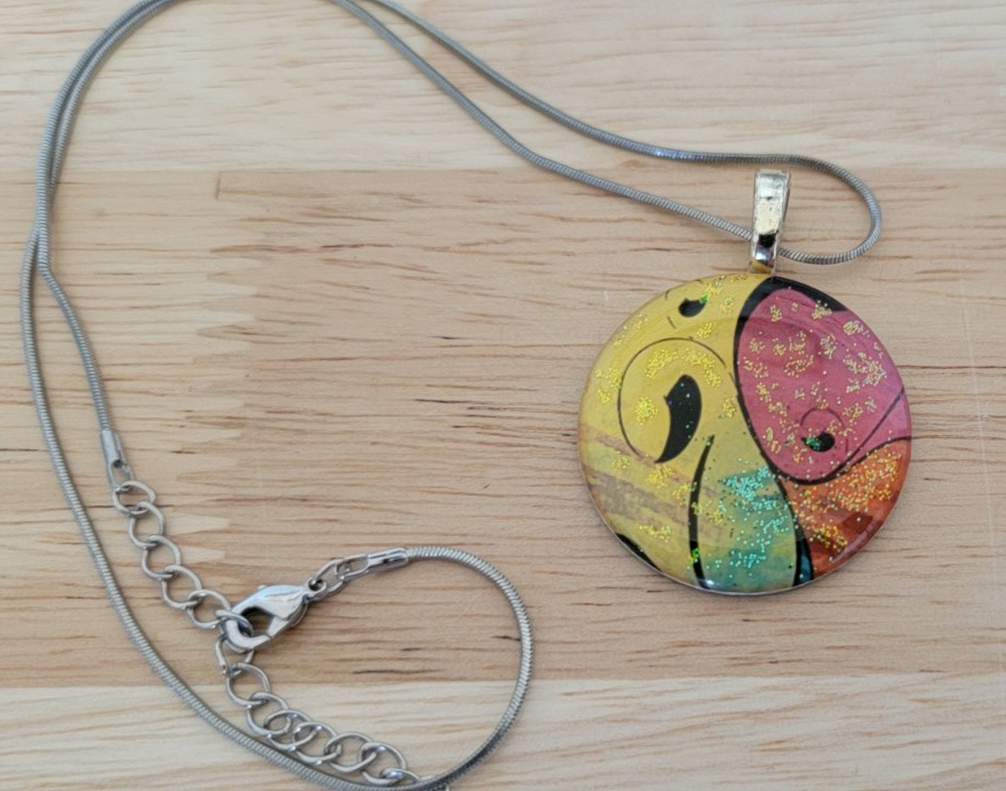 90s Artisan Abstract Glass Cabochon Pendant Necklace Multicolor on Snake Chain