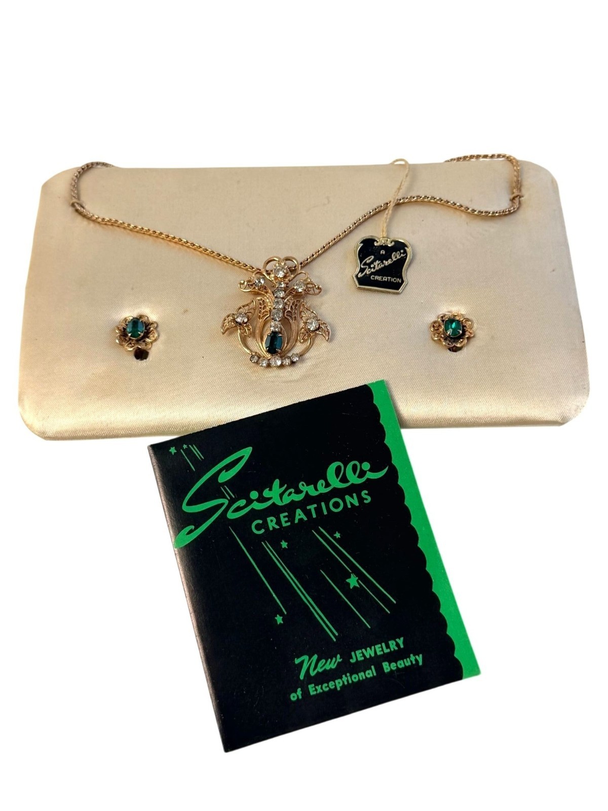 Vintage Gold Electroplate Scitarelli Creations Necklace Earrings Set w Tag & Box