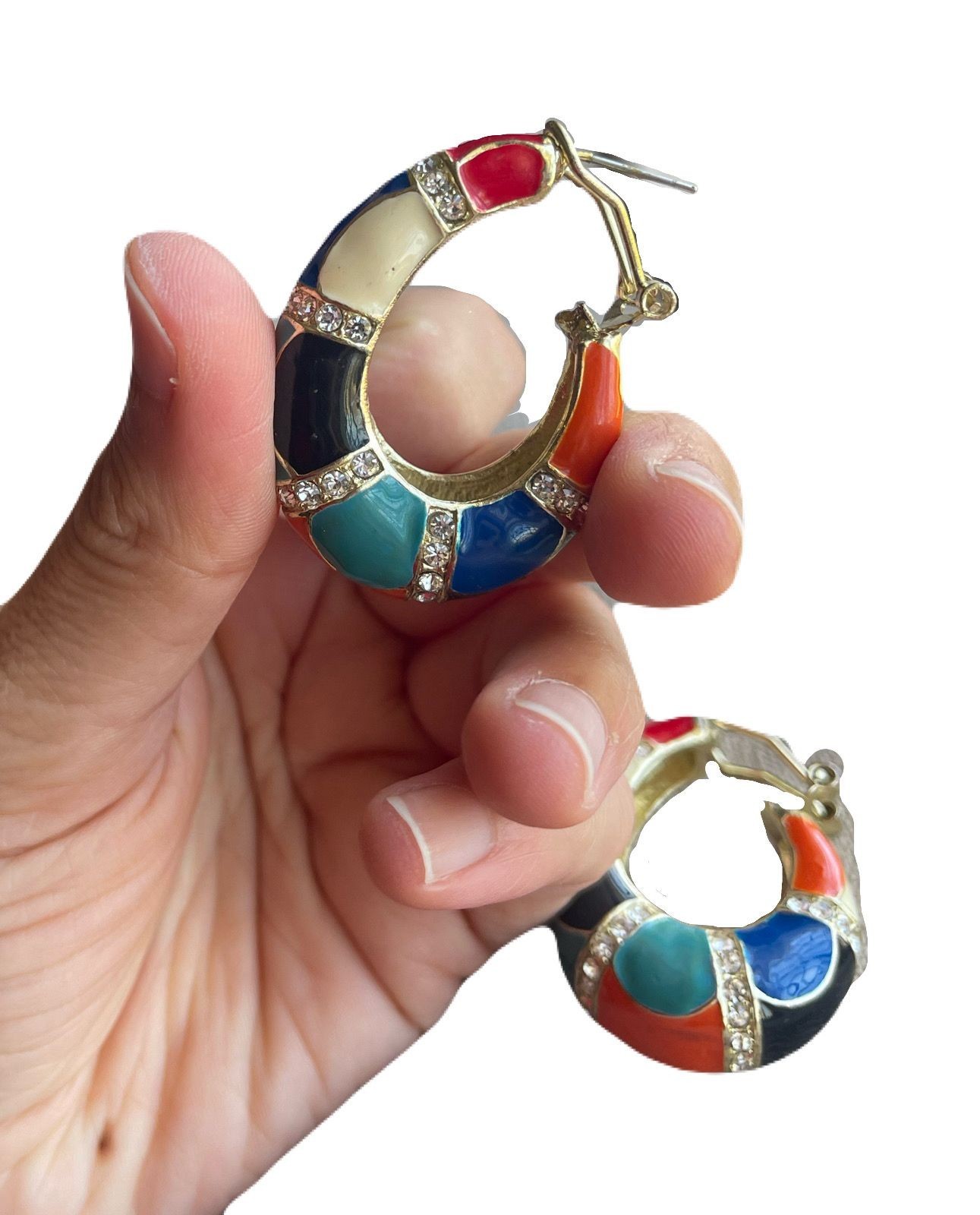 Chunky Multi Color Enamel Hoop Earrings Rhinestone Crystal Gold Tone