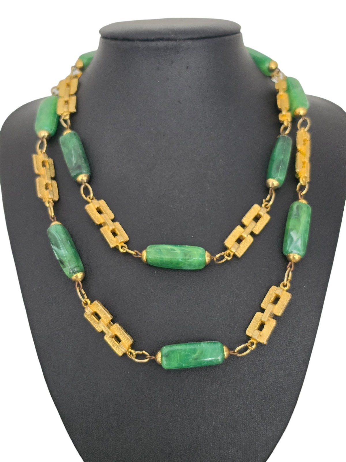 Vintage Asian Export Green Faux Jade Lucite Long Necklace Geometric Links 36.5″