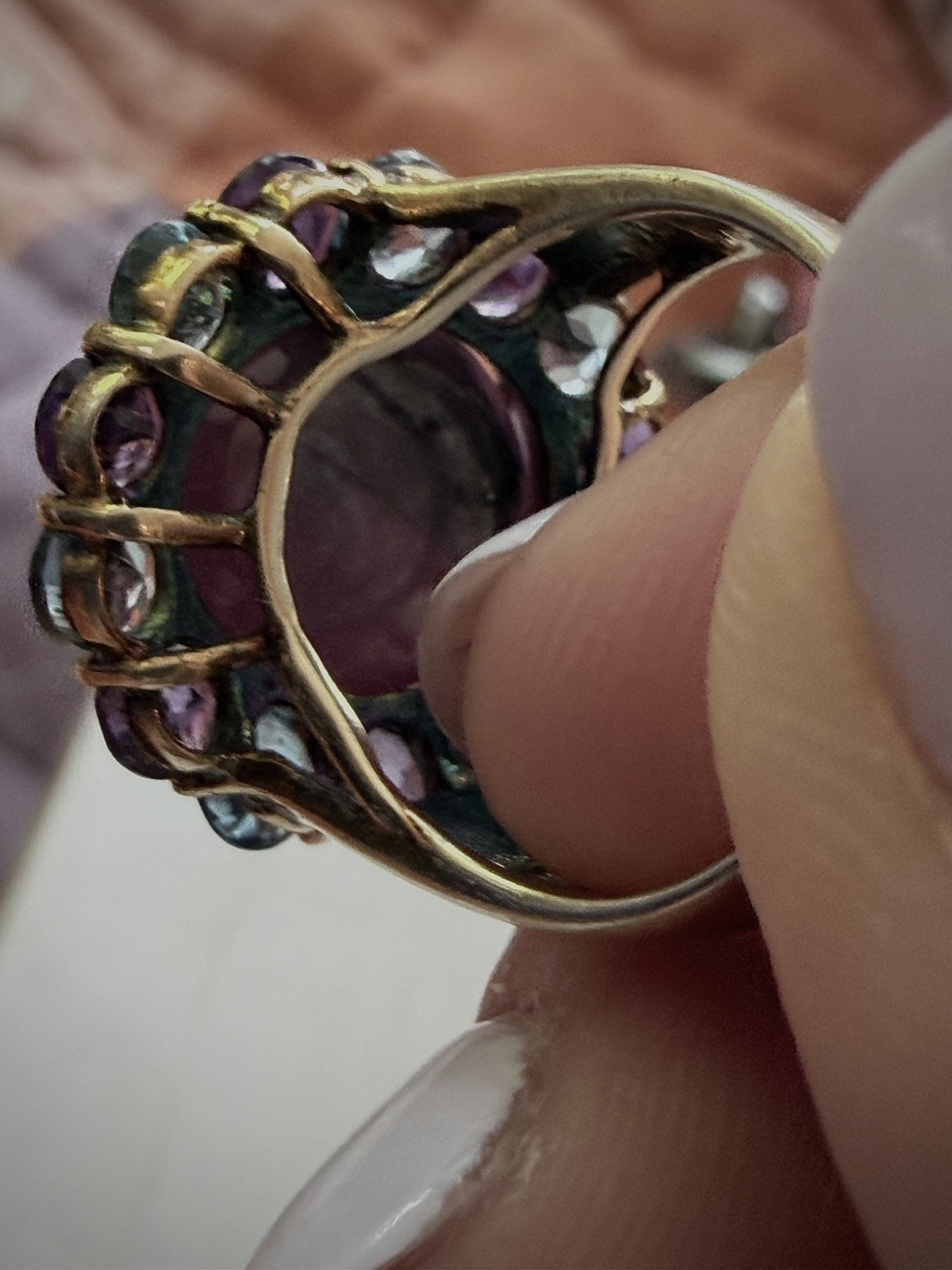 Hex Pink Sapphire Cabochon Ring. Topaz and Amethyst accents