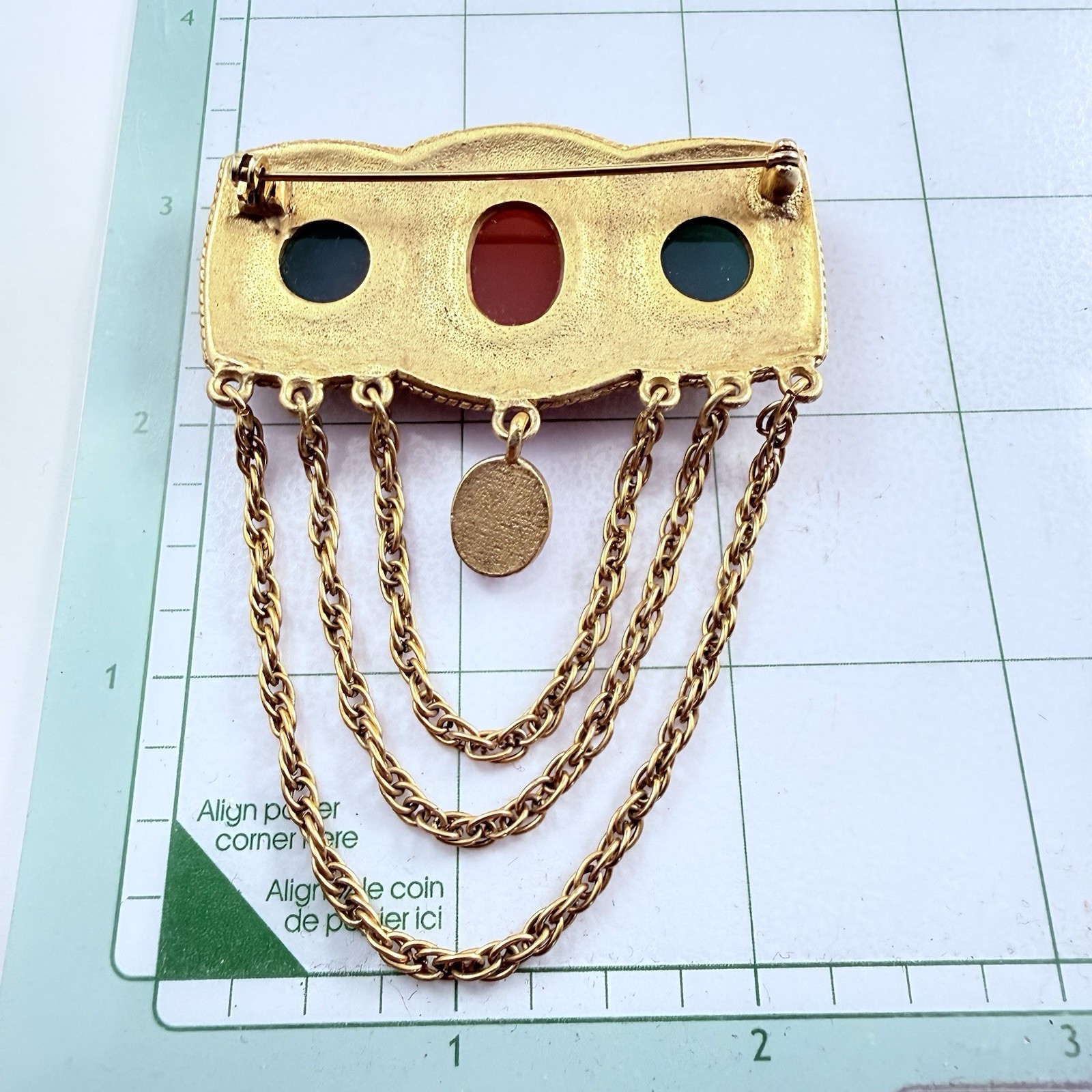 Vintage Faux Carnelian Jade Lucite Cabochons Gold Tone Brooch Costume Jewelry