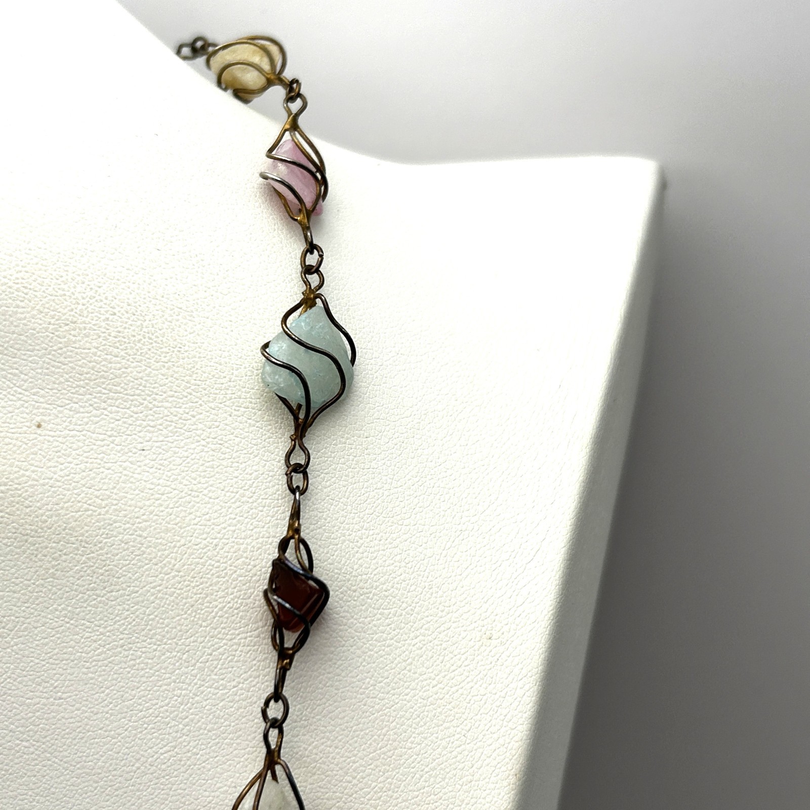 Vintage Gemstone Wire Wrapped 30” Necklace Garnet Jadeite Quartz Artisan Boho